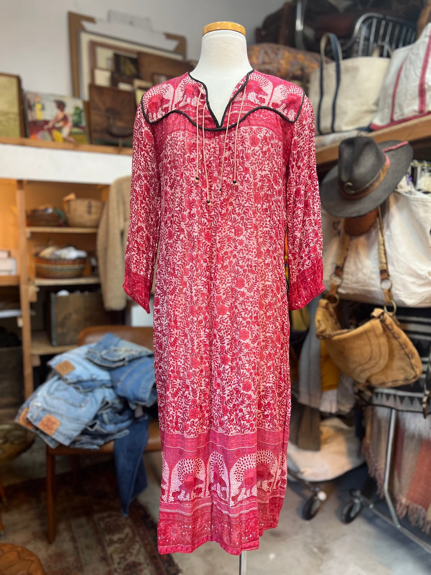 Vintage 80’s India Block Print Sheer Cotton Gauze Dress S