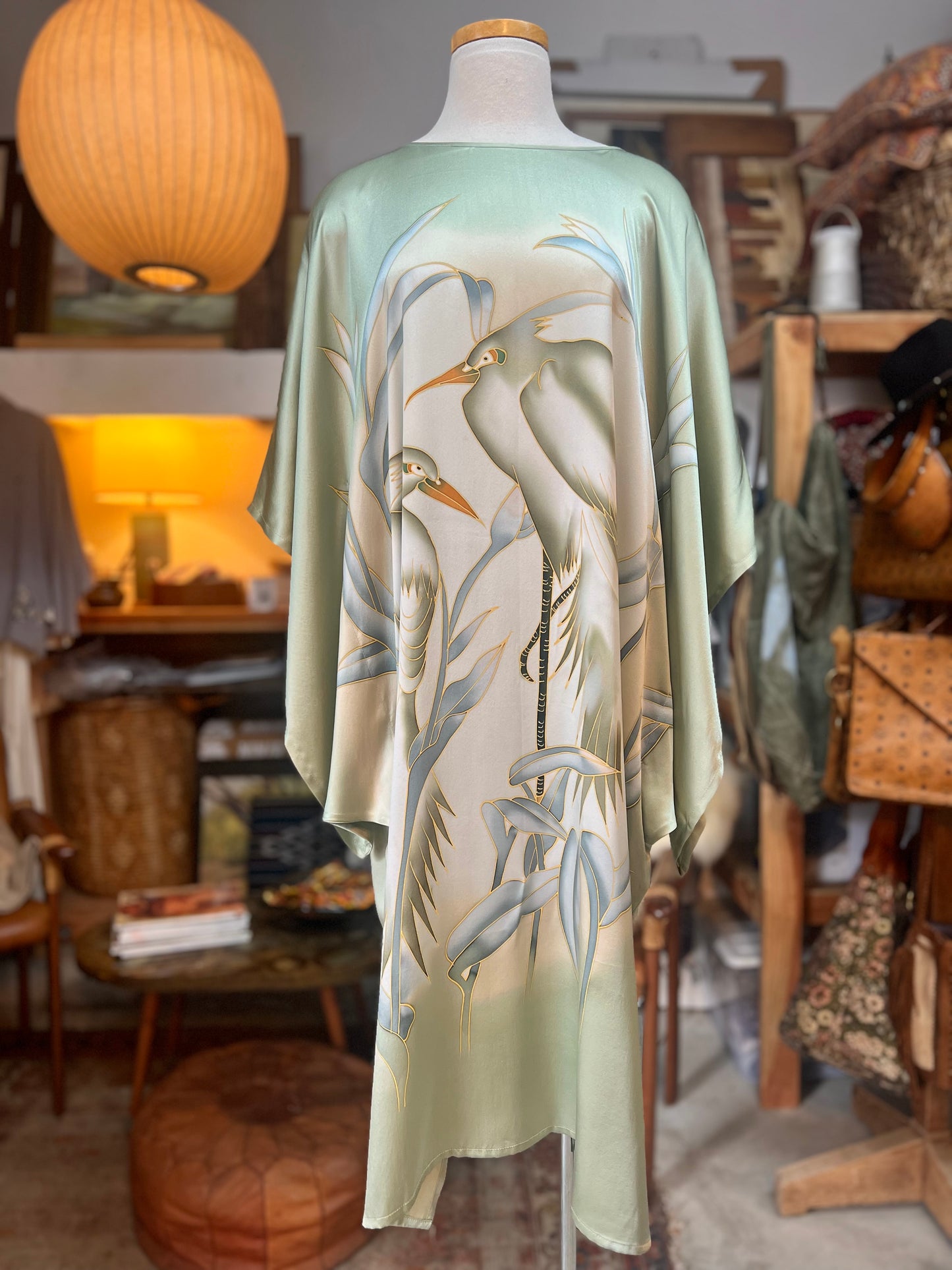 Vintage Hand Painted Batik Bird of Paradise Silk Caftan XL