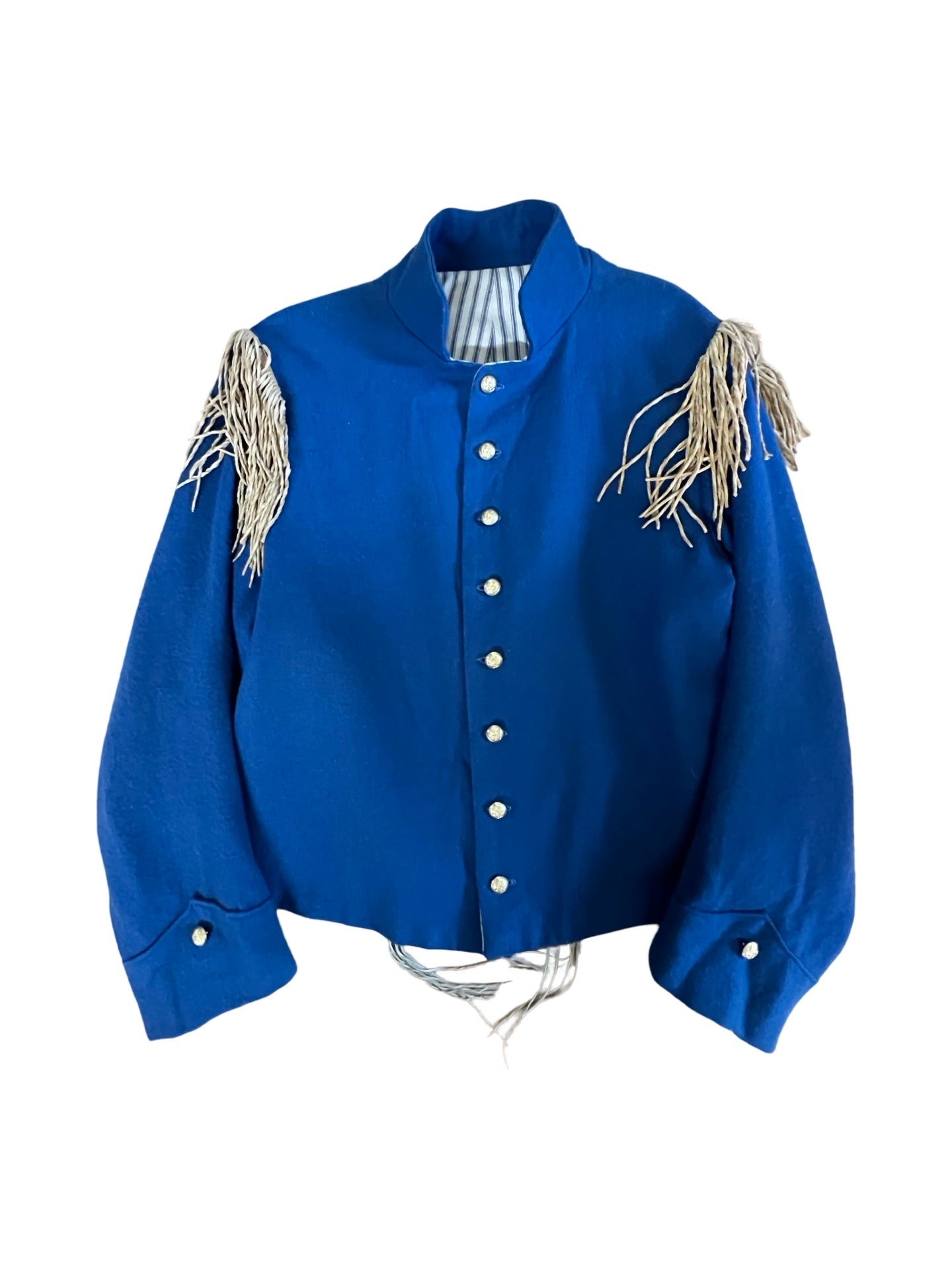 Vintage Cropped Military Jacket French Ticking Lined Seed Bead & Fringe Adornment