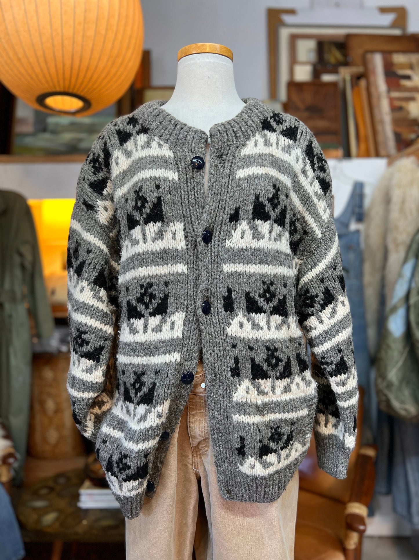 Vintage Hand Knit Wool Cowichan Cardigan w/ Pockets