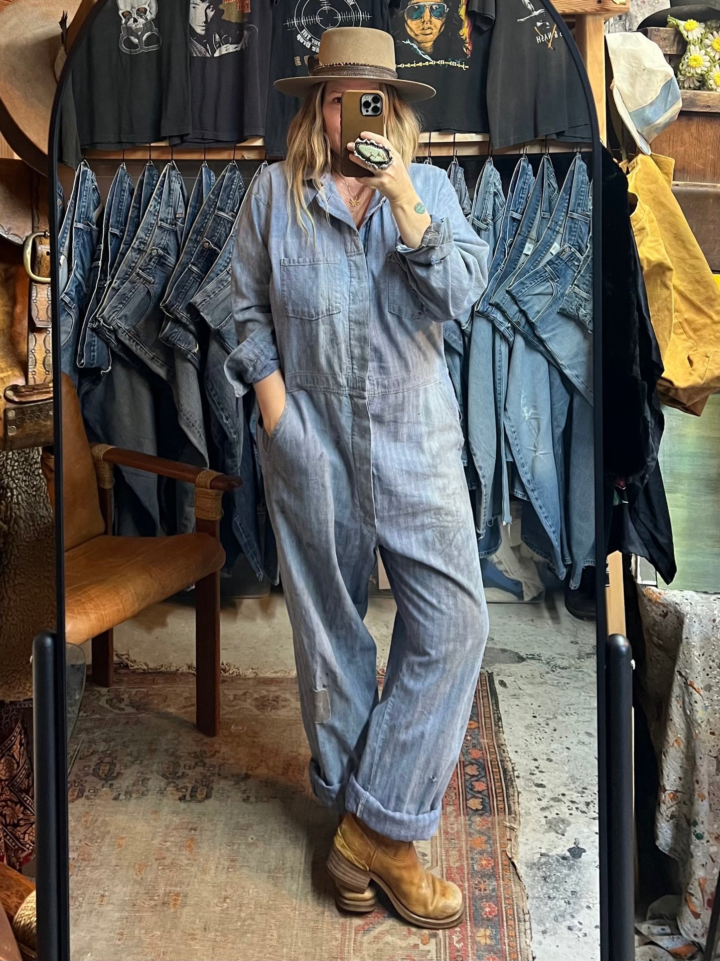 Vintage Heavily Distressed Herringbone Twill Denim Jumpsuit 46