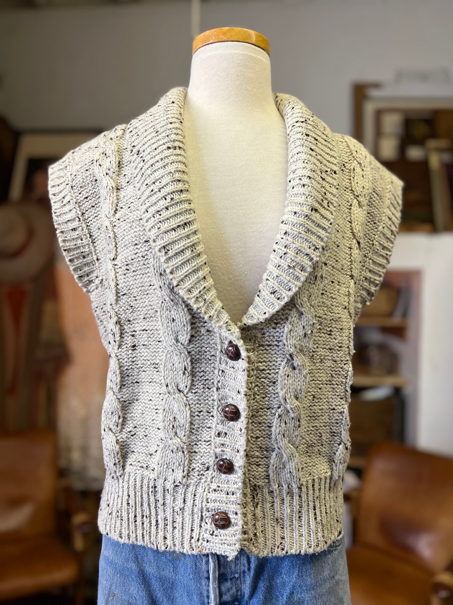 Vintage 70’s Bohemian Sweater Girl of California Cable Knit Shawl Collar Sweater Vest L