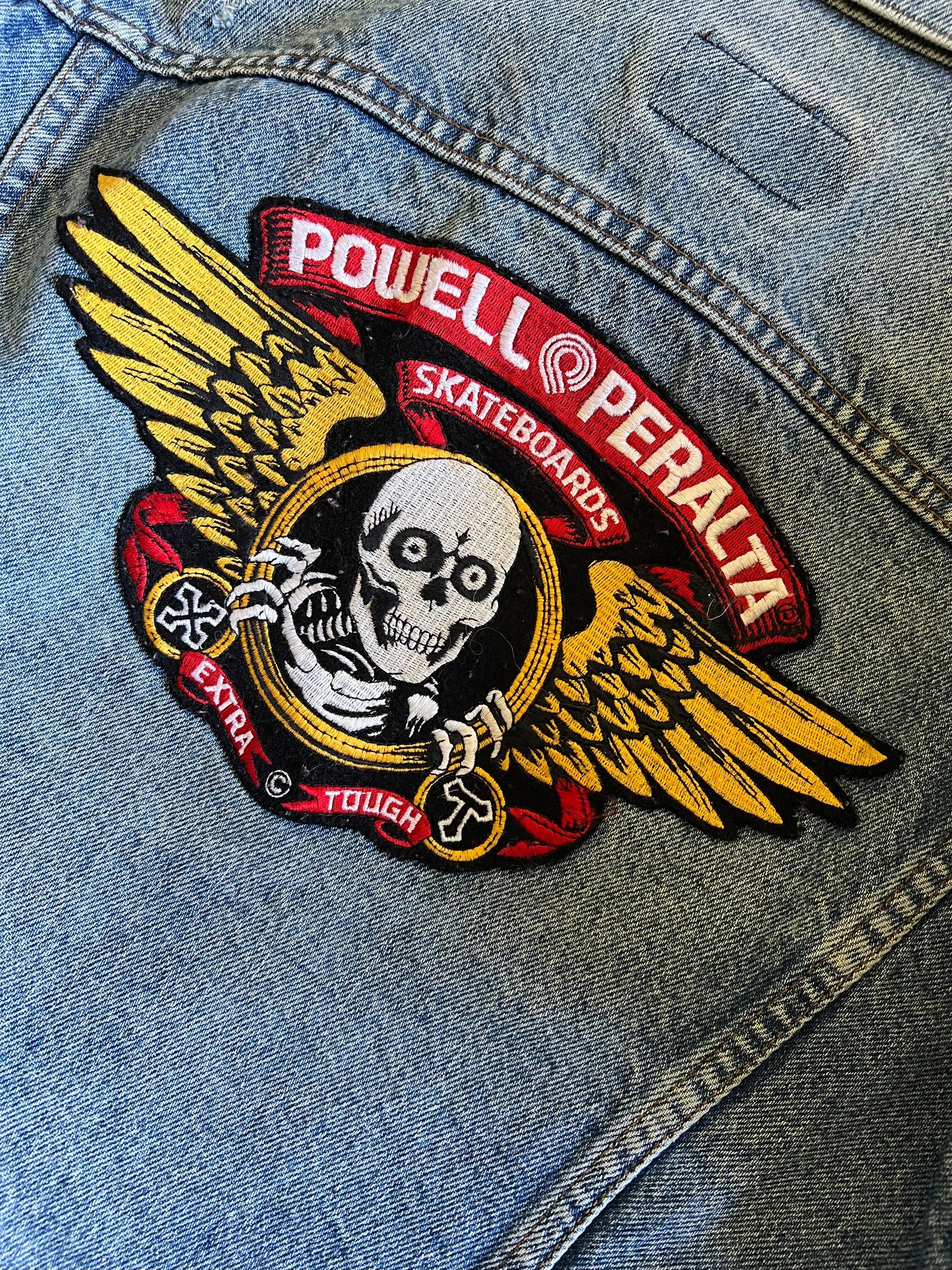 Rare Vintage 80’s Powell Peralta Bones Brigade Patch Levi’s Denim Trucker Jacket 42