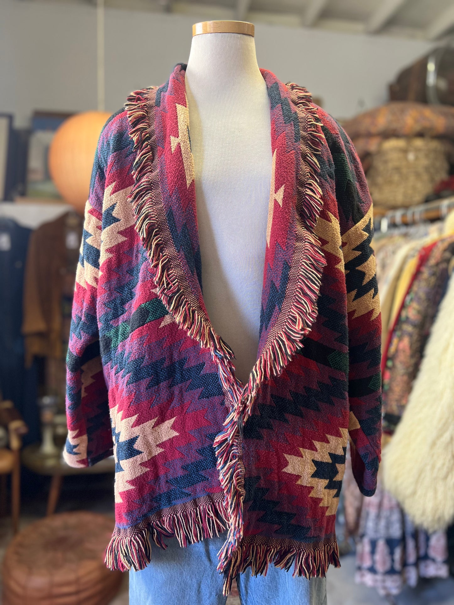 Vintage 80’s Handmade Blanket Sweater Coat Fringe Trim Shawl Collar O/S