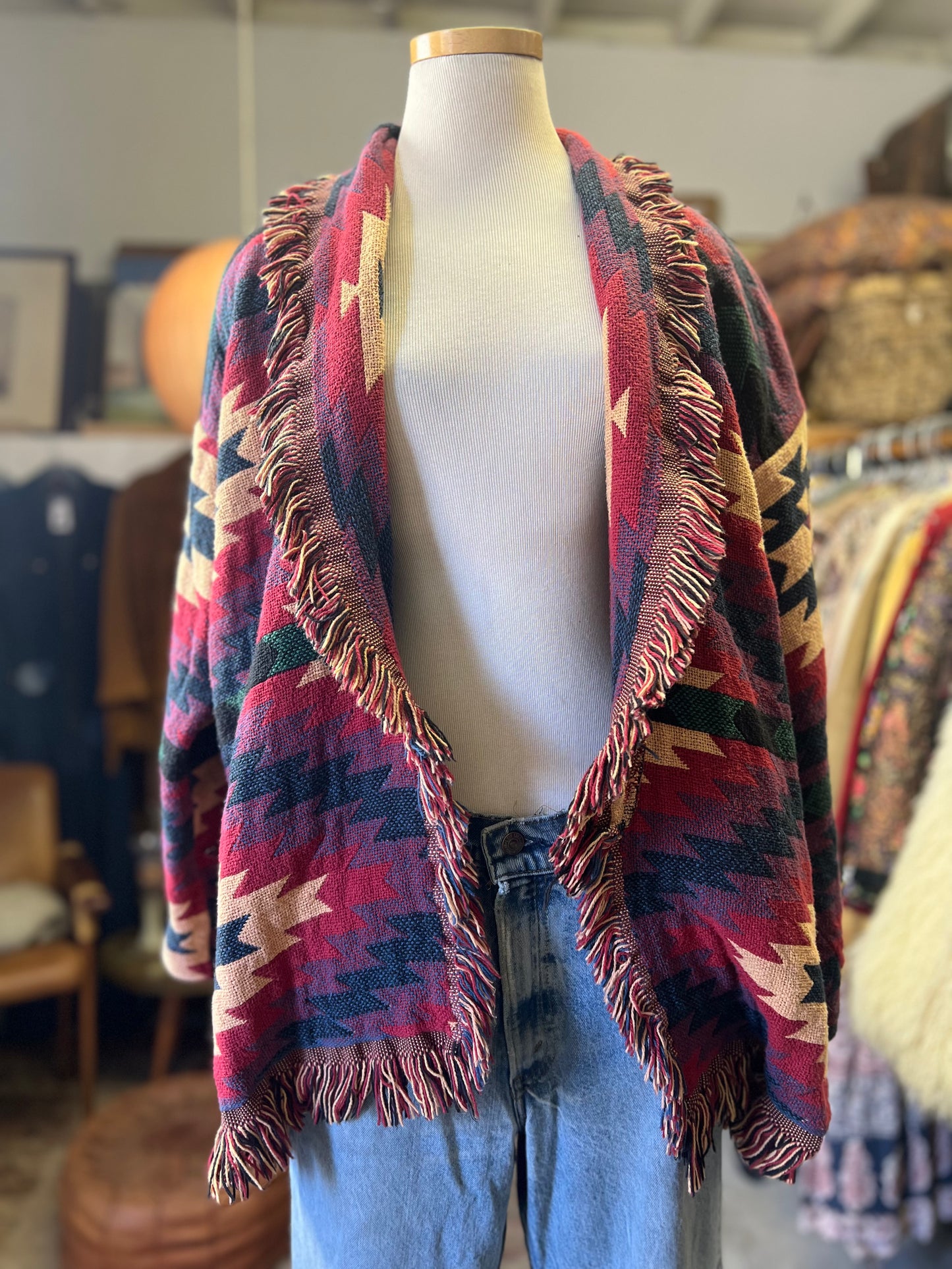 Vintage 80’s Handmade Blanket Sweater Coat Fringe Trim Shawl Collar O/S