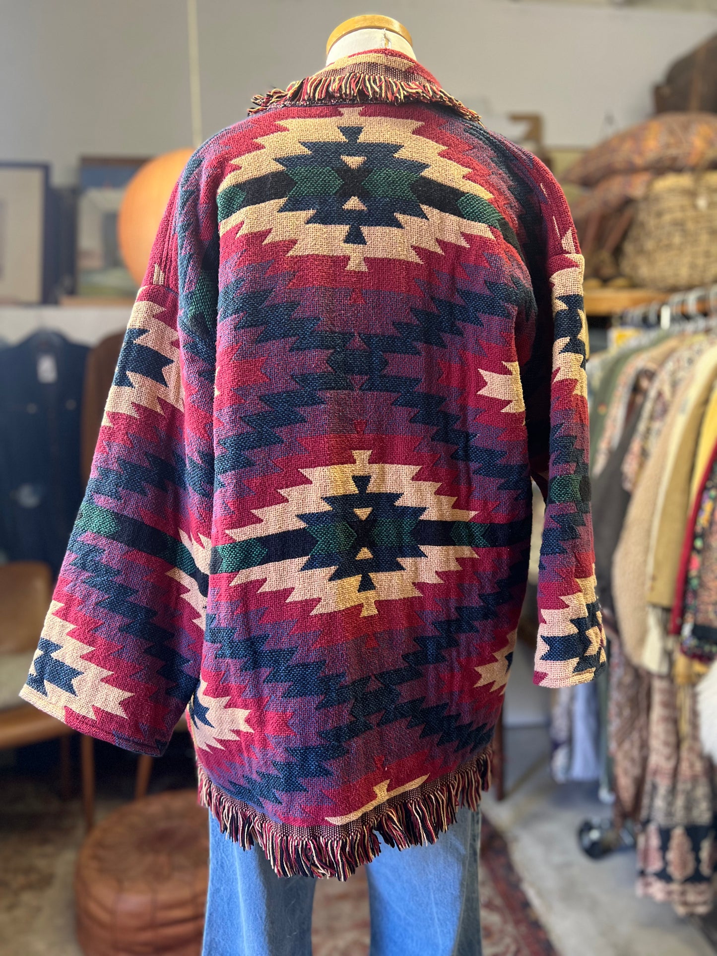 Vintage 80’s Handmade Blanket Sweater Coat Fringe Trim Shawl Collar O/S