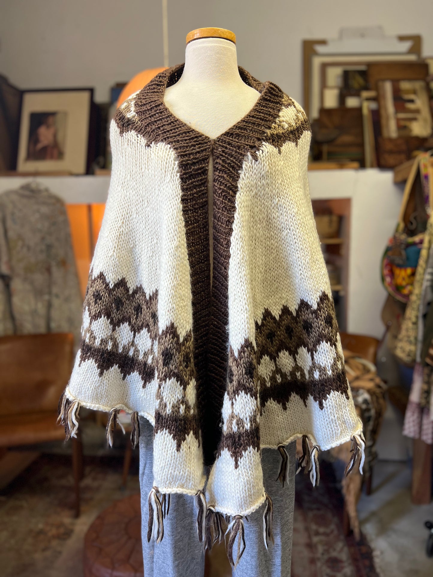Vintage Alpaca Hand Knit Shawl Wrap Cape Scarf Sweater Cowichan Fringe O/S