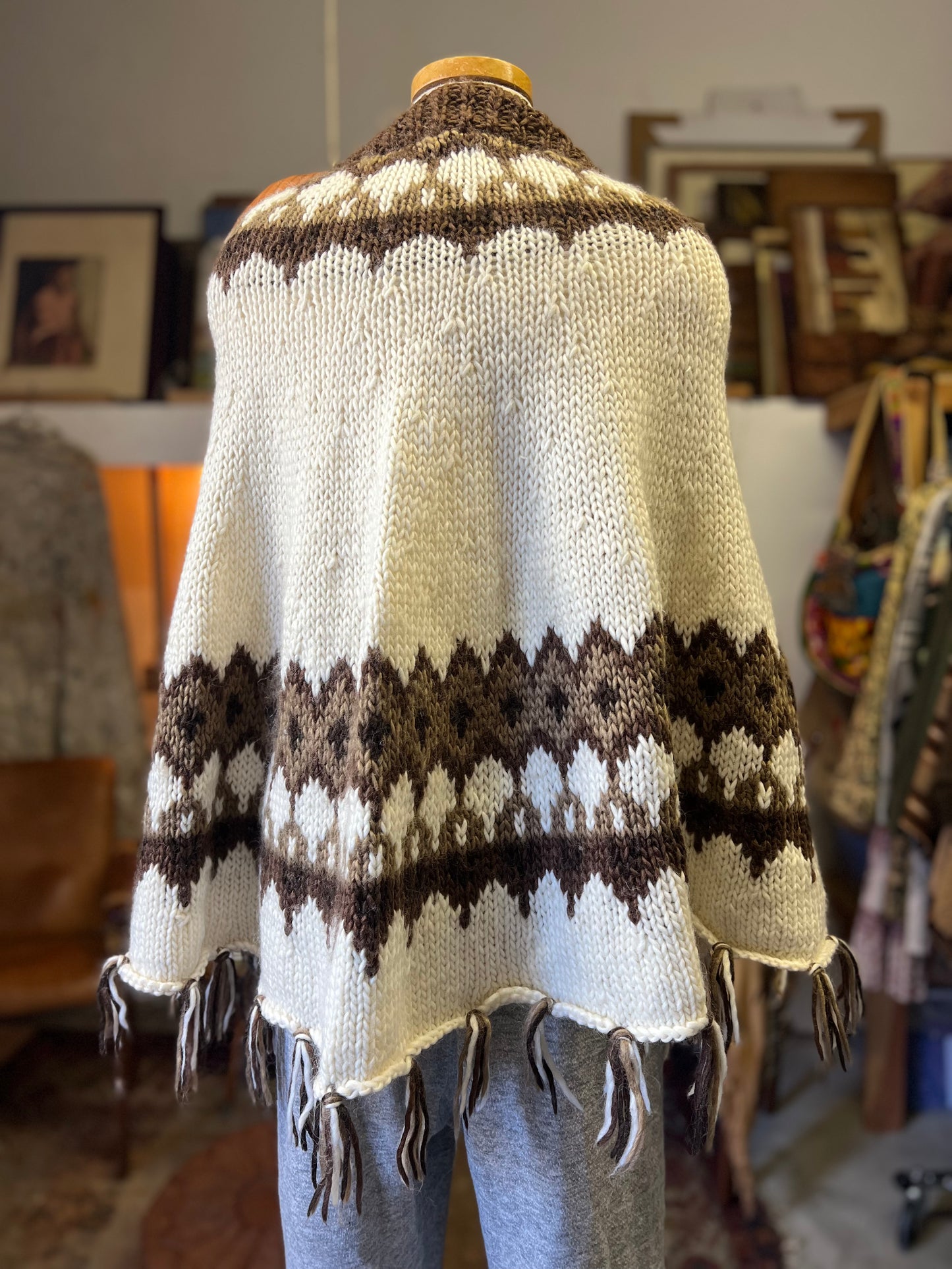 Vintage Alpaca Hand Knit Shawl Wrap Cape Scarf Sweater Cowichan Fringe O/S