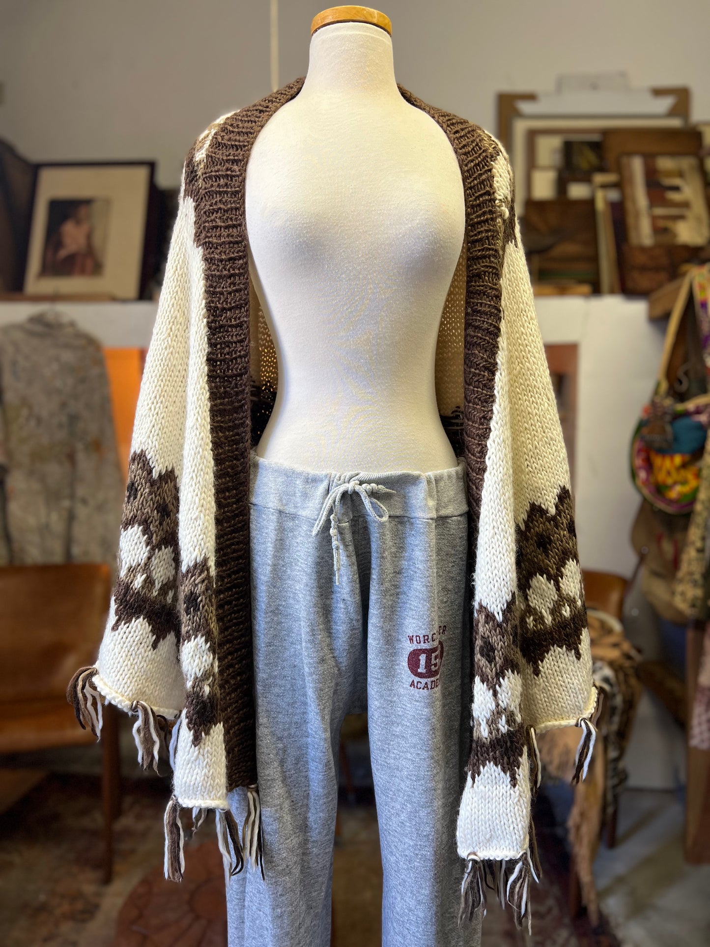 Vintage Alpaca Hand Knit Shawl Wrap Cape Scarf Sweater Cowichan Fringe O/S