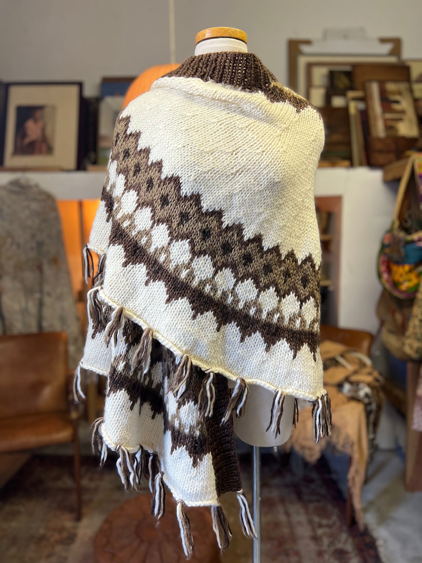 Vintage Alpaca Hand Knit Shawl Wrap Cape Scarf Sweater Cowichan Fringe O/S