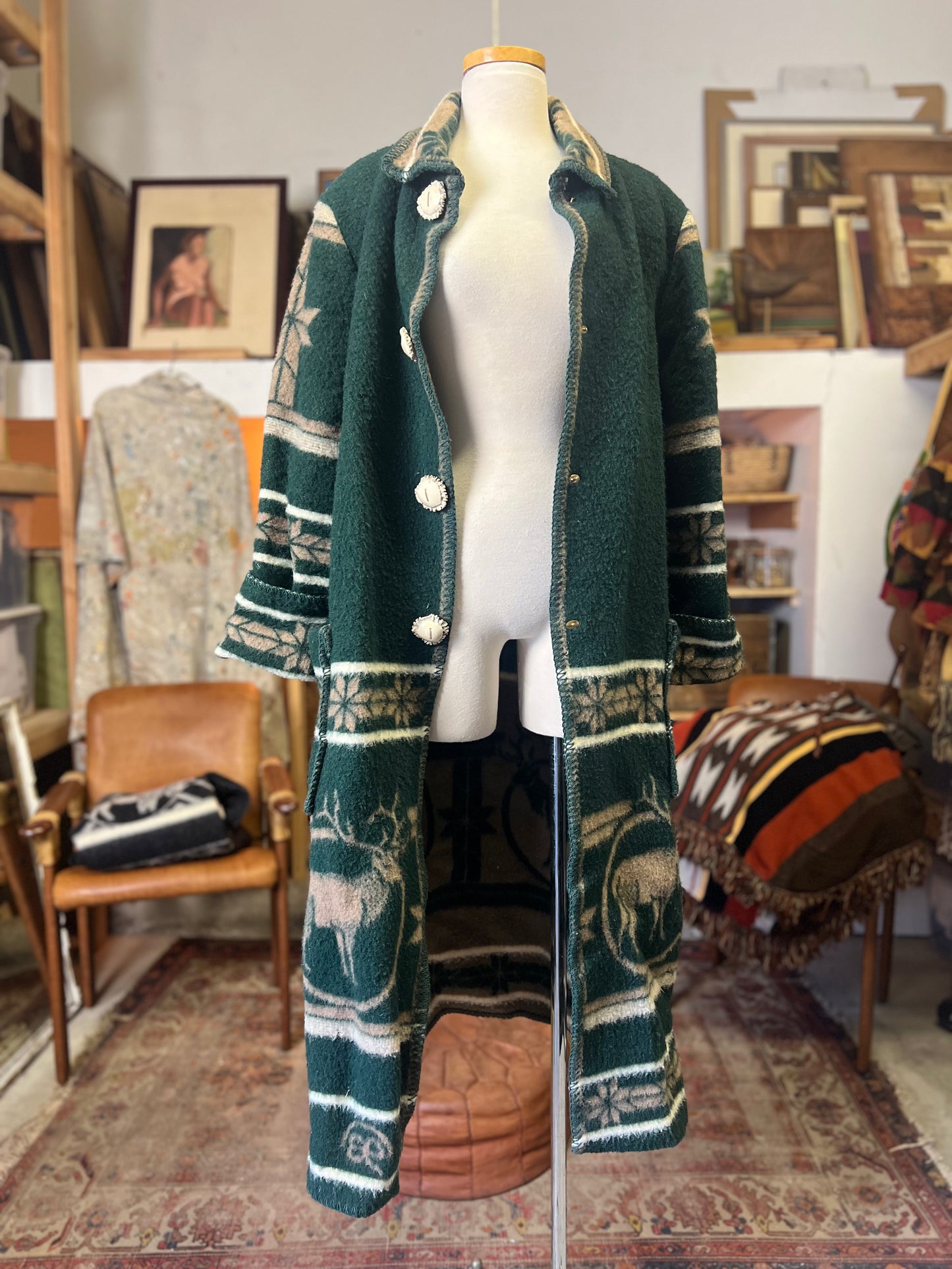 Vintage 80’s Buffalo Run Designs by Marcia 100% Wool Maxi Coat Elk Motif Elk Antler Buttons Made In Montana