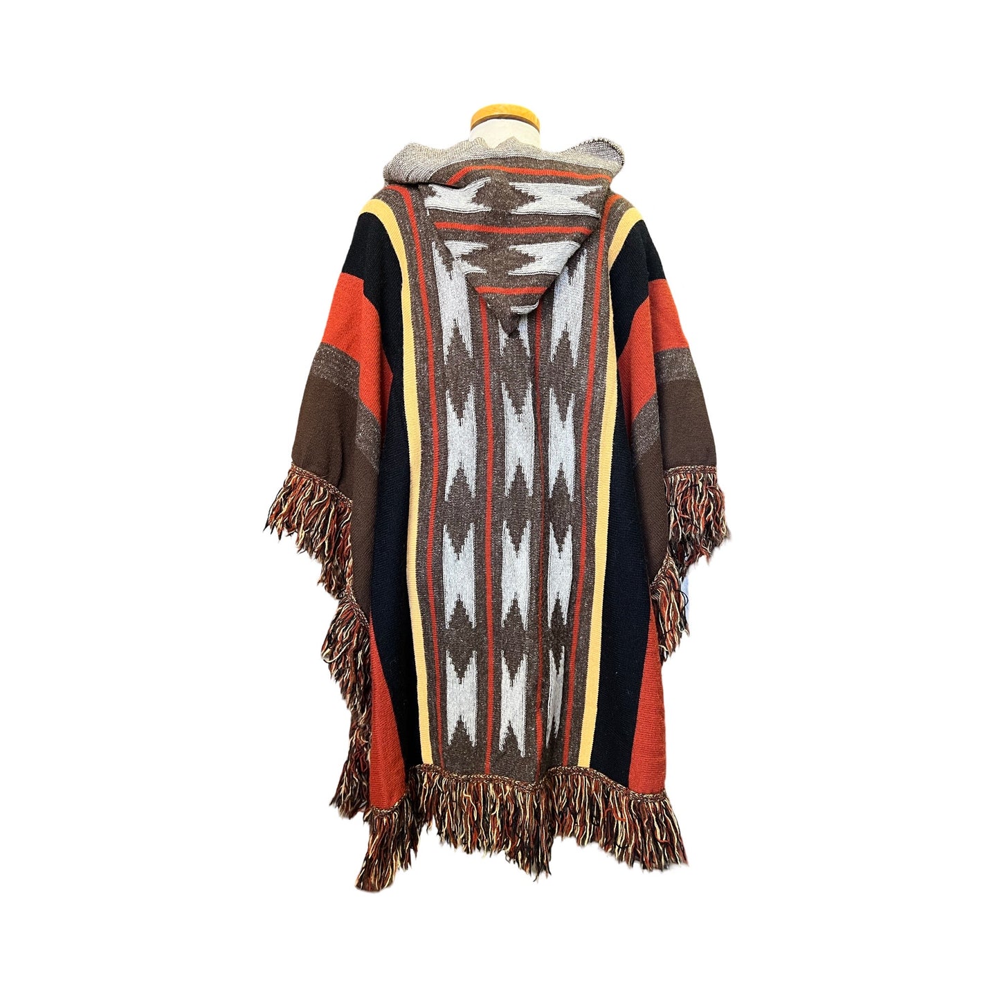 Vintage 70's Cuddle Knit Southwestern Print Hooded Fringe Trim Poncho O/S