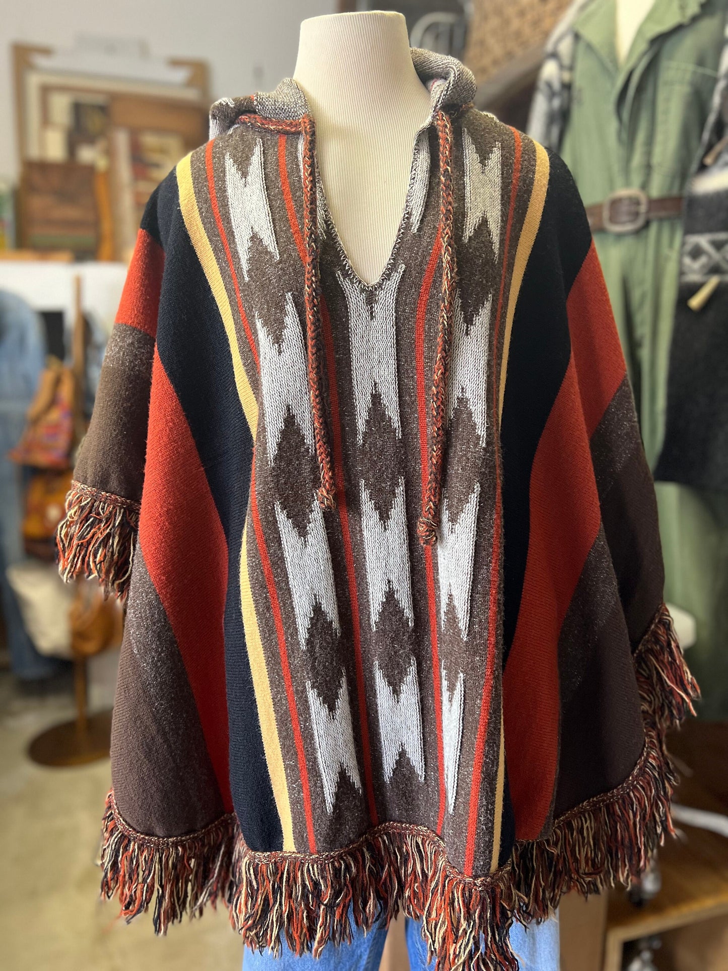 Vintage 70's Cuddle Knit Southwestern Print Hooded Fringe Trim Poncho O/S