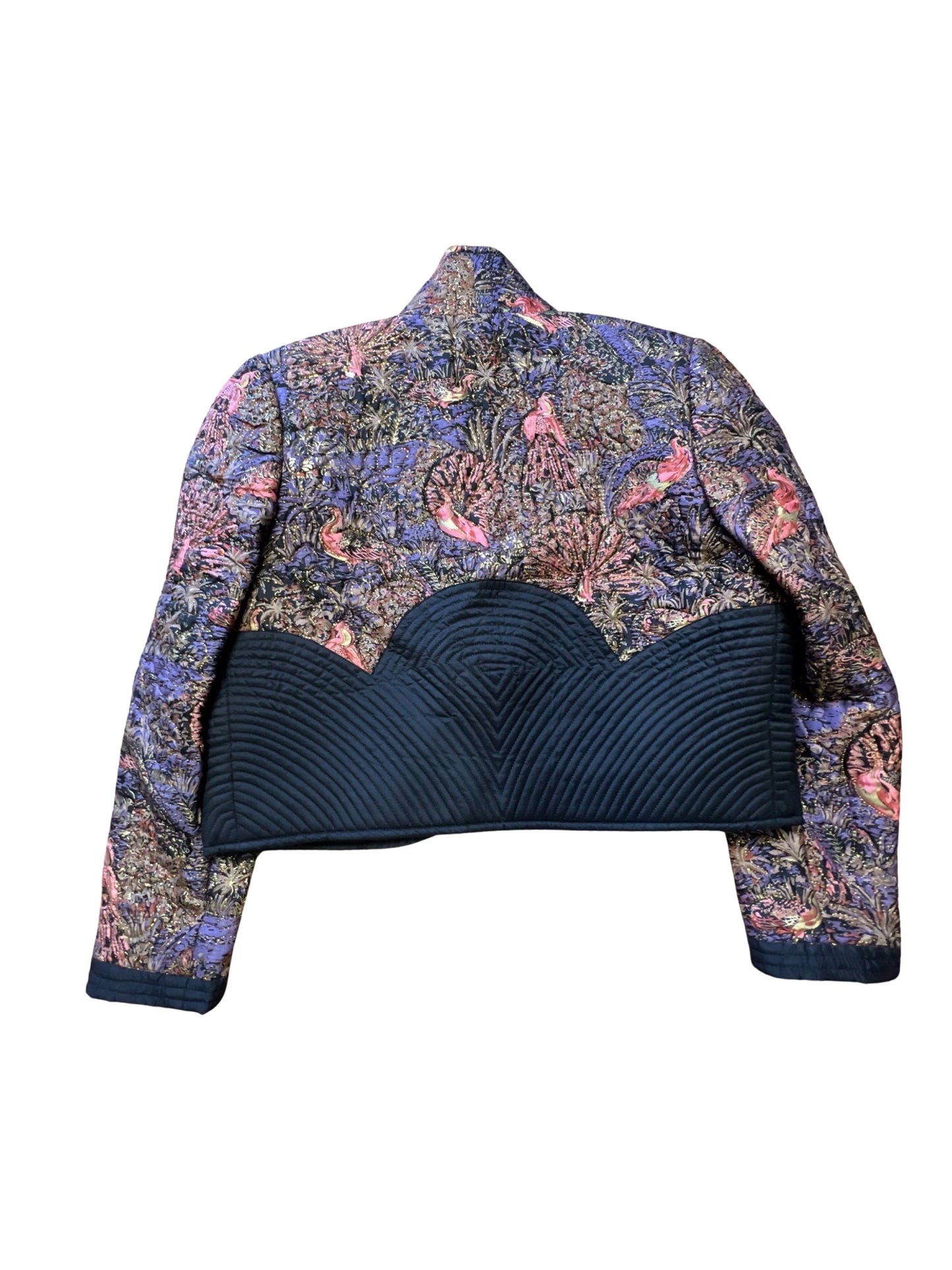 Vintage Thai Silk Quilted Crop Jacket Peacock Floral Motif Gold Lurex Accents