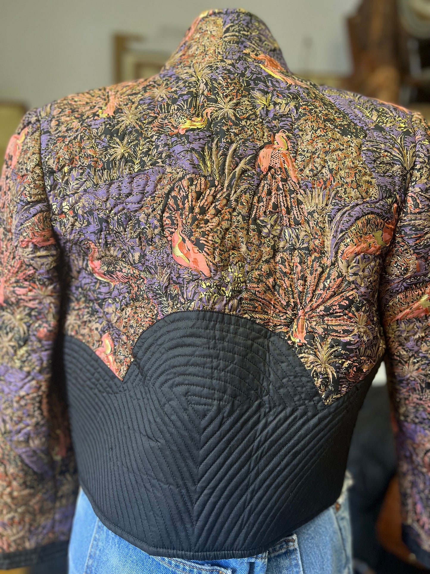 Vintage Thai Silk Quilted Crop Jacket Peacock Floral Motif Gold Lurex Accents
