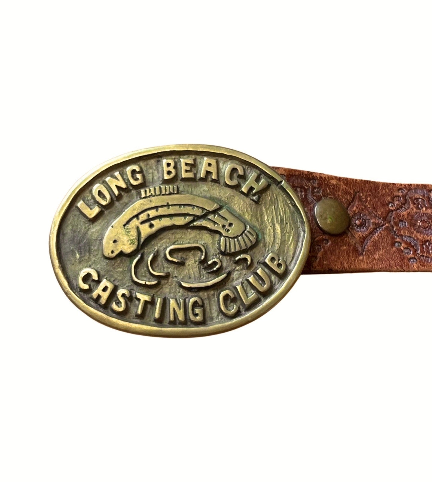 Vintage Signed ‘87 Handmade Long Beach Casting Club Solid Brass Buckle on Vintage Tooled Leather Belt