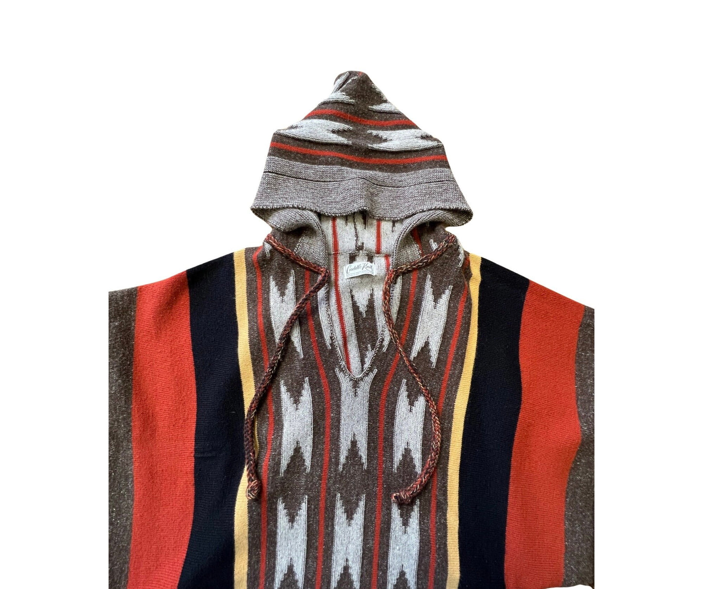 Vintage 70's Cuddle Knit Southwestern Print Hooded Fringe Trim Poncho O/S