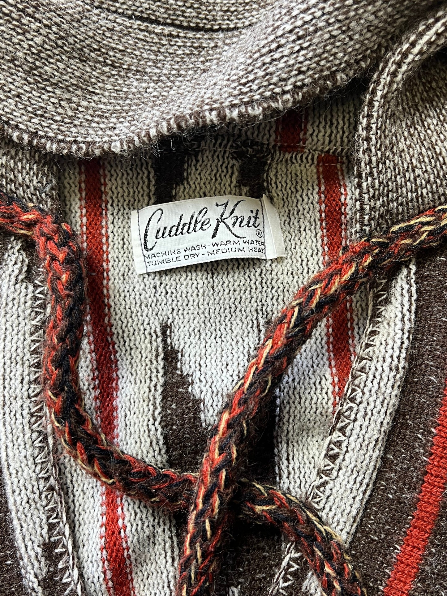 Vintage 70's Cuddle Knit Southwestern Print Hooded Fringe Trim Poncho O/S