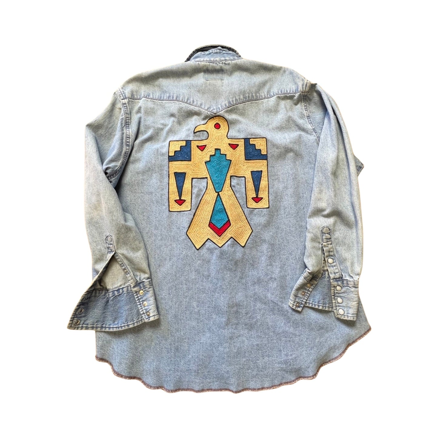 Vintage Wrangler Pearl Snap Denim Shirt Embroidered Thunderbird Totem