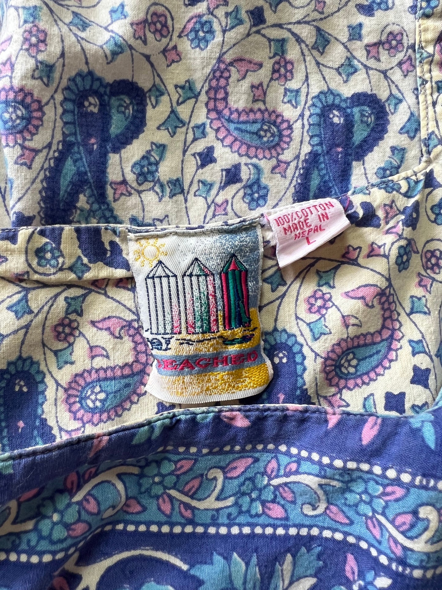 Vintage 80’s India Block Print Midi Dress with Pockets Made In Nepal L