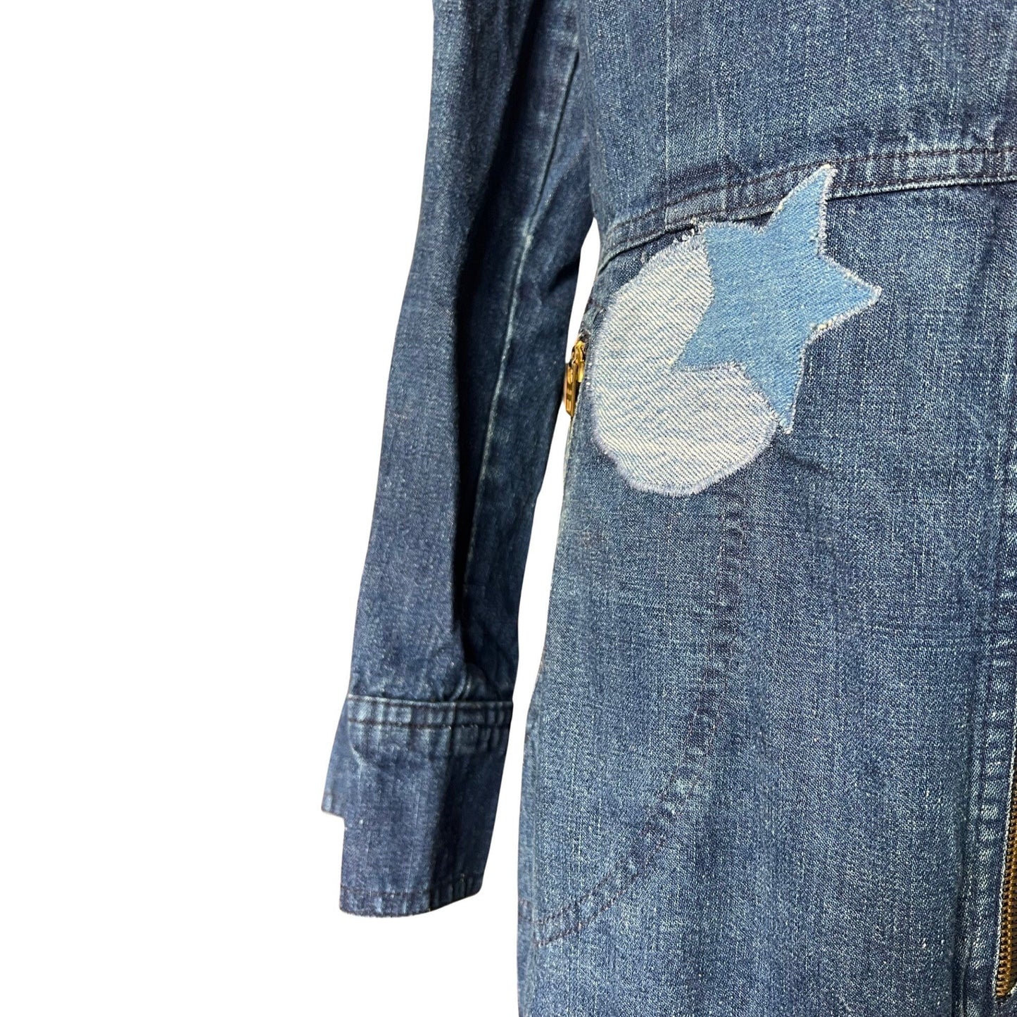 Vintage 70’s Male Brand Zip Front Bell Bottom Flares Denim Jumpsuit w/ Moon Star Patches