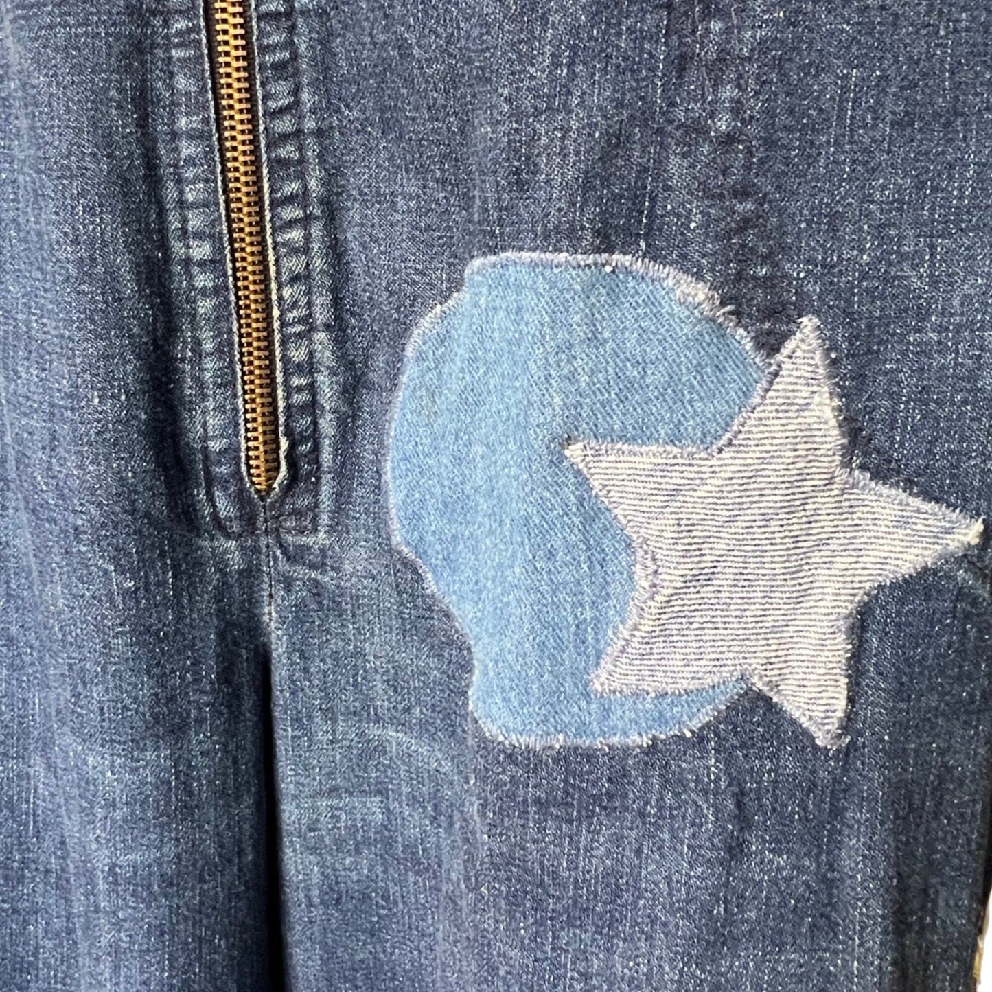 Vintage 70’s Male Brand Zip Front Bell Bottom Flares Denim Jumpsuit w/ Moon Star Patches