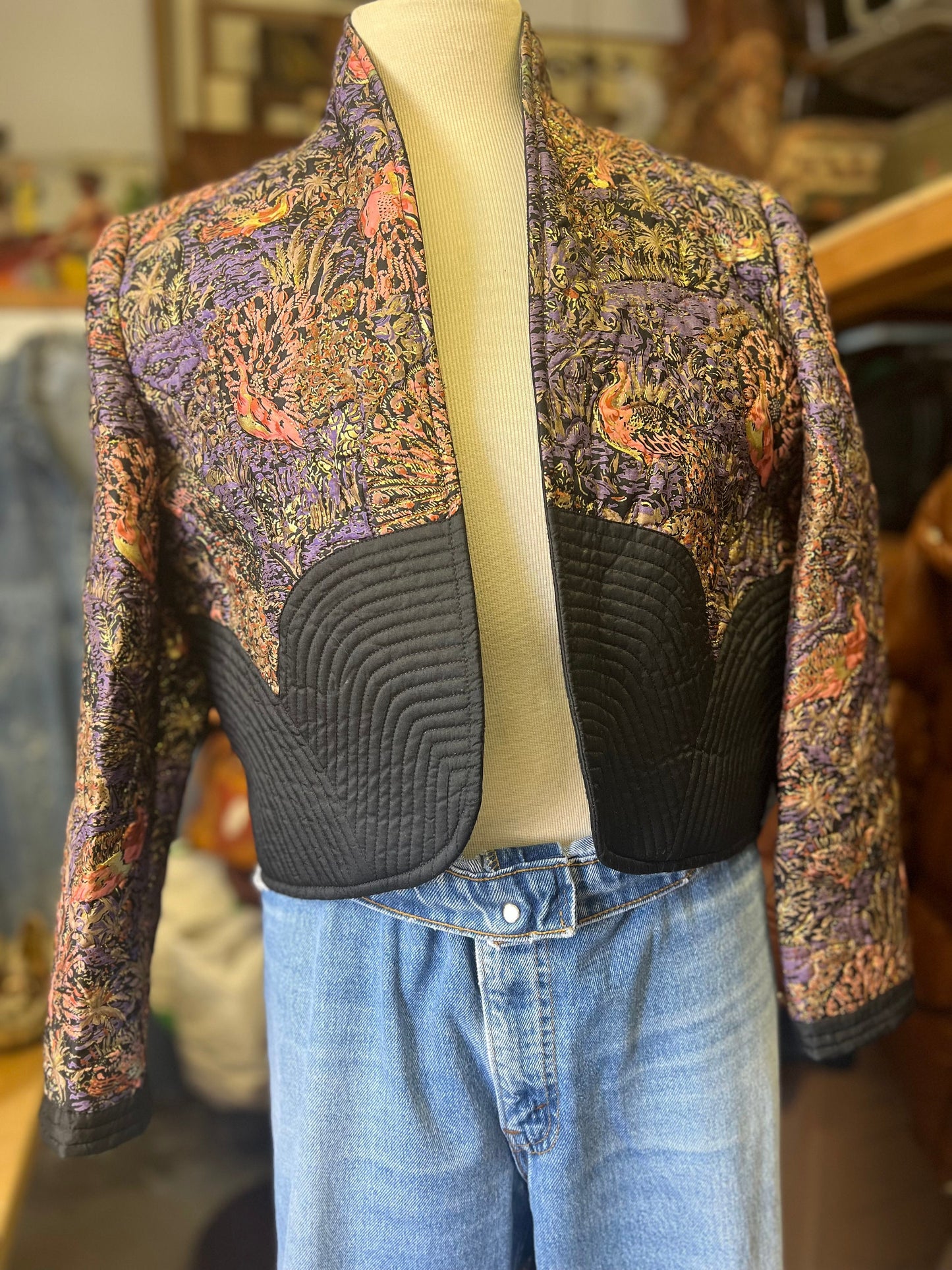 Vintage Thai Silk Quilted Crop Jacket Peacock Floral Motif Gold Lurex Accents