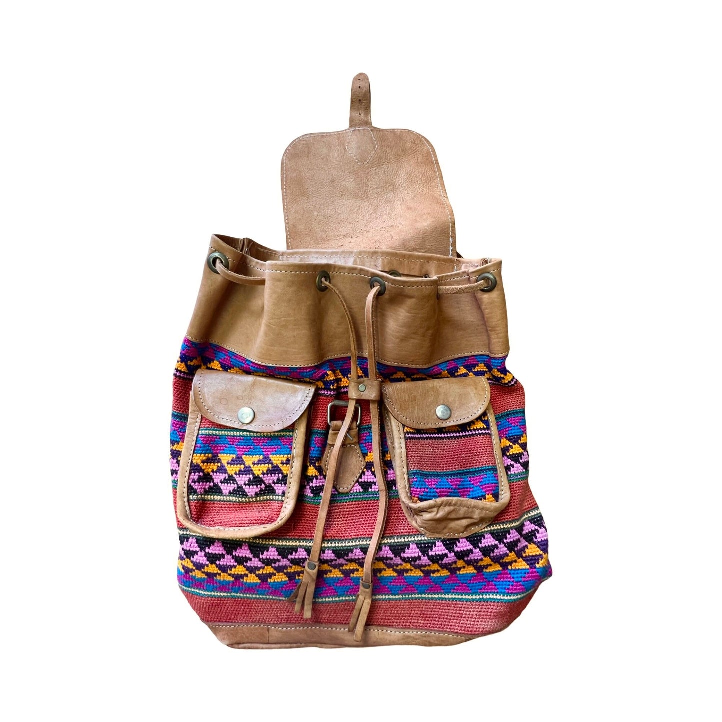 Vintage Guatemalan Handmade Tapestry Leather Big Backpack Bag
