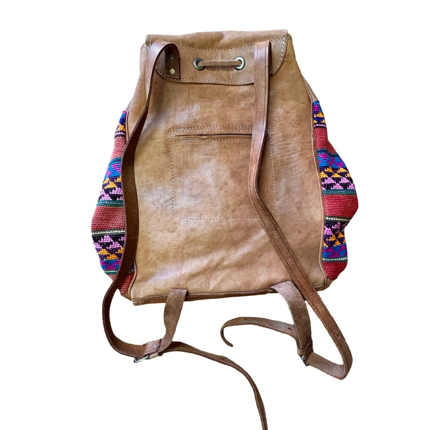 Vintage Guatemalan Handmade Tapestry Leather Big Backpack Bag