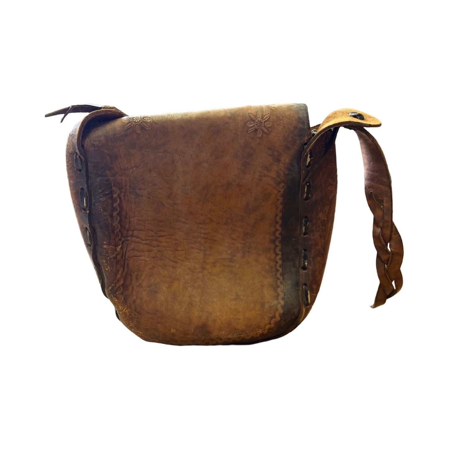 Vintage 70’s Hand Tooled Leather Bag Wood Bone Closure Brass Hardware Braided Strap