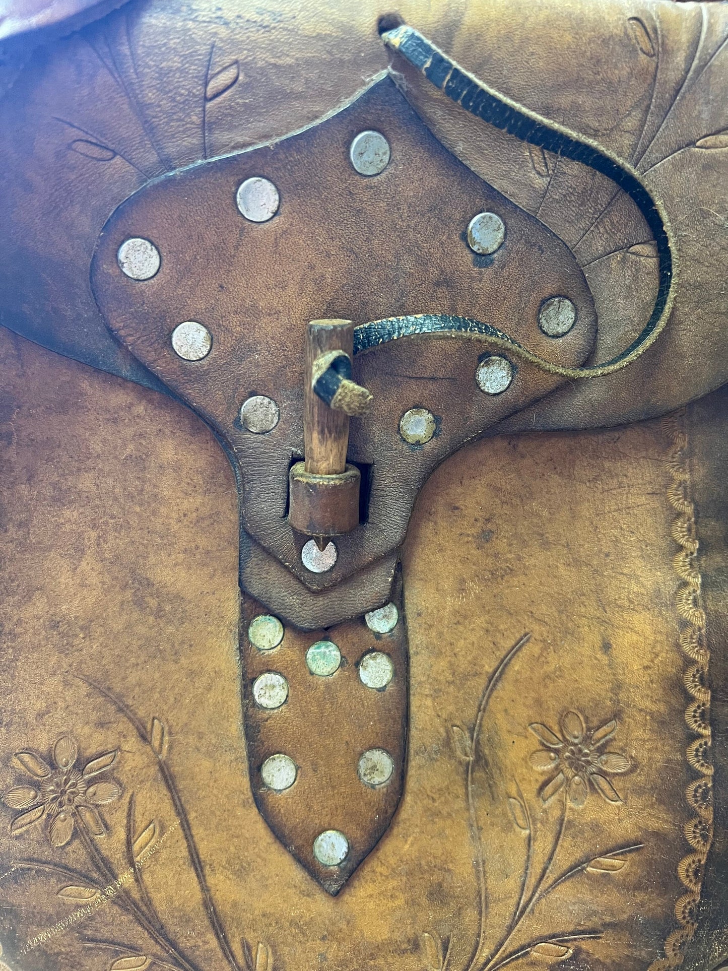 Vintage 70’s Hand Tooled Leather Bag Wood Bone Closure Brass Hardware Braided Strap