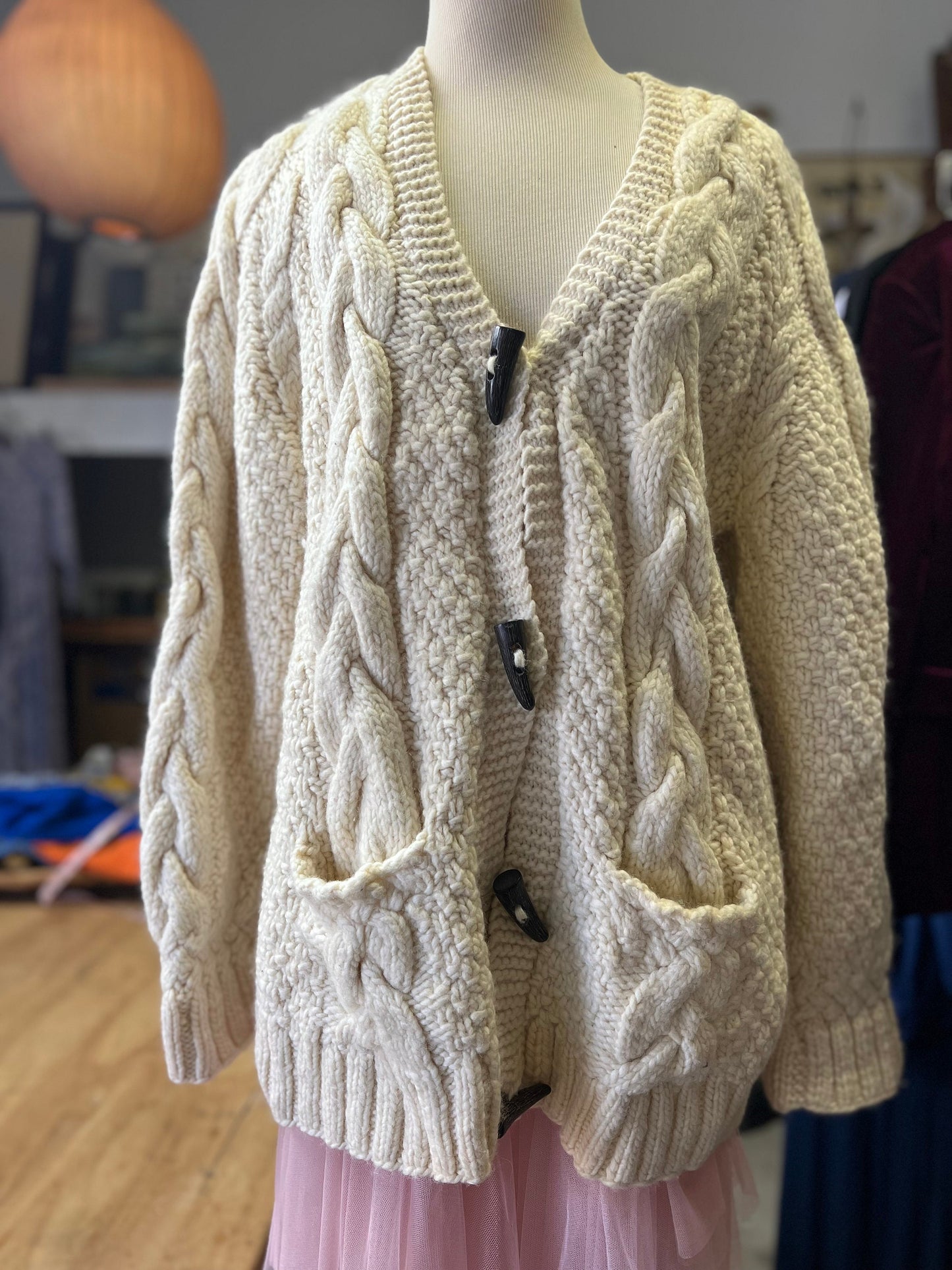 Vintage 90's Hand Knit Fisherman Cable Knit Cardigan M/L