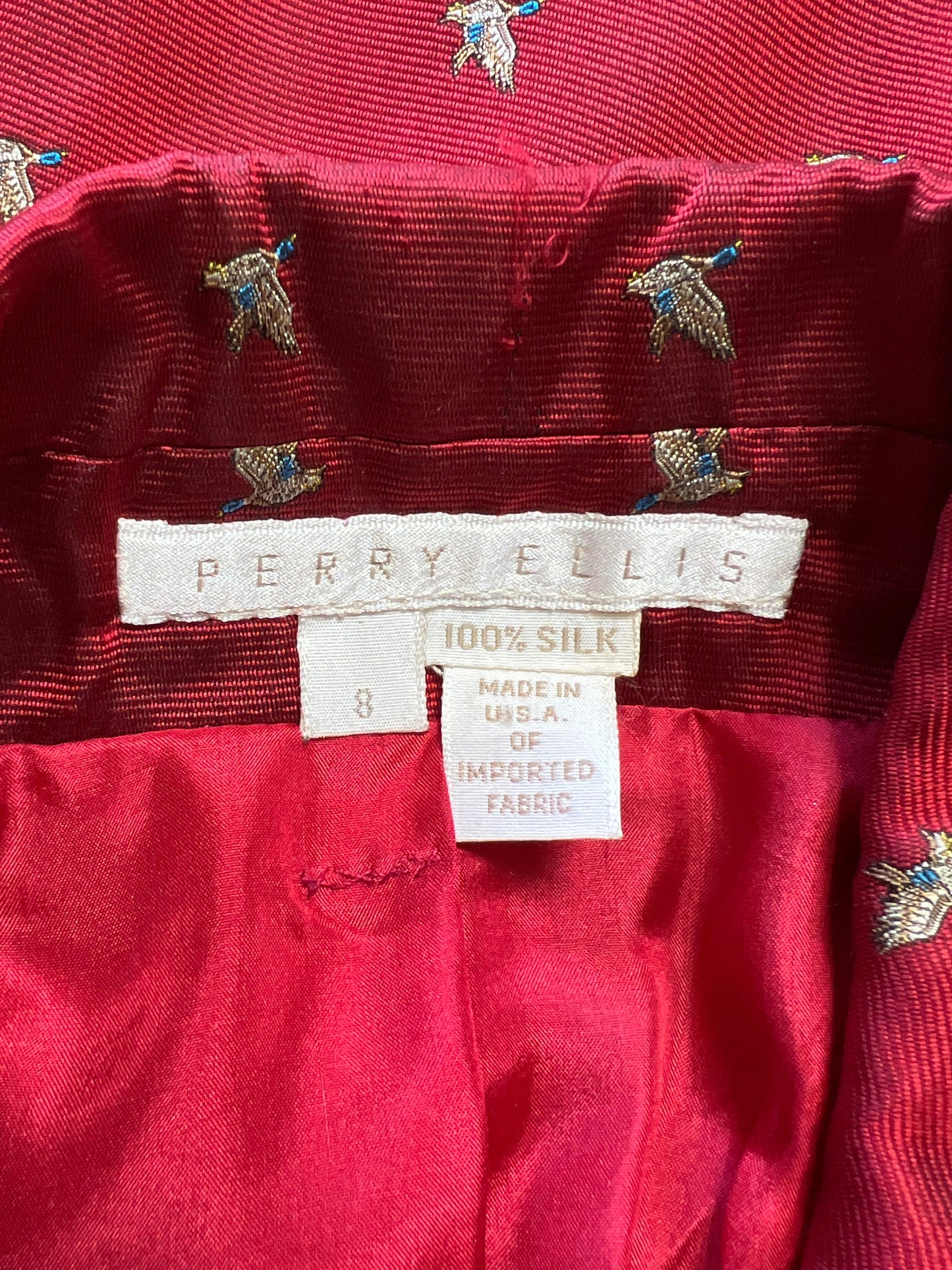 Vintage Perry Ellis Embroidered Mallard Duck Silk Blazer Size 8