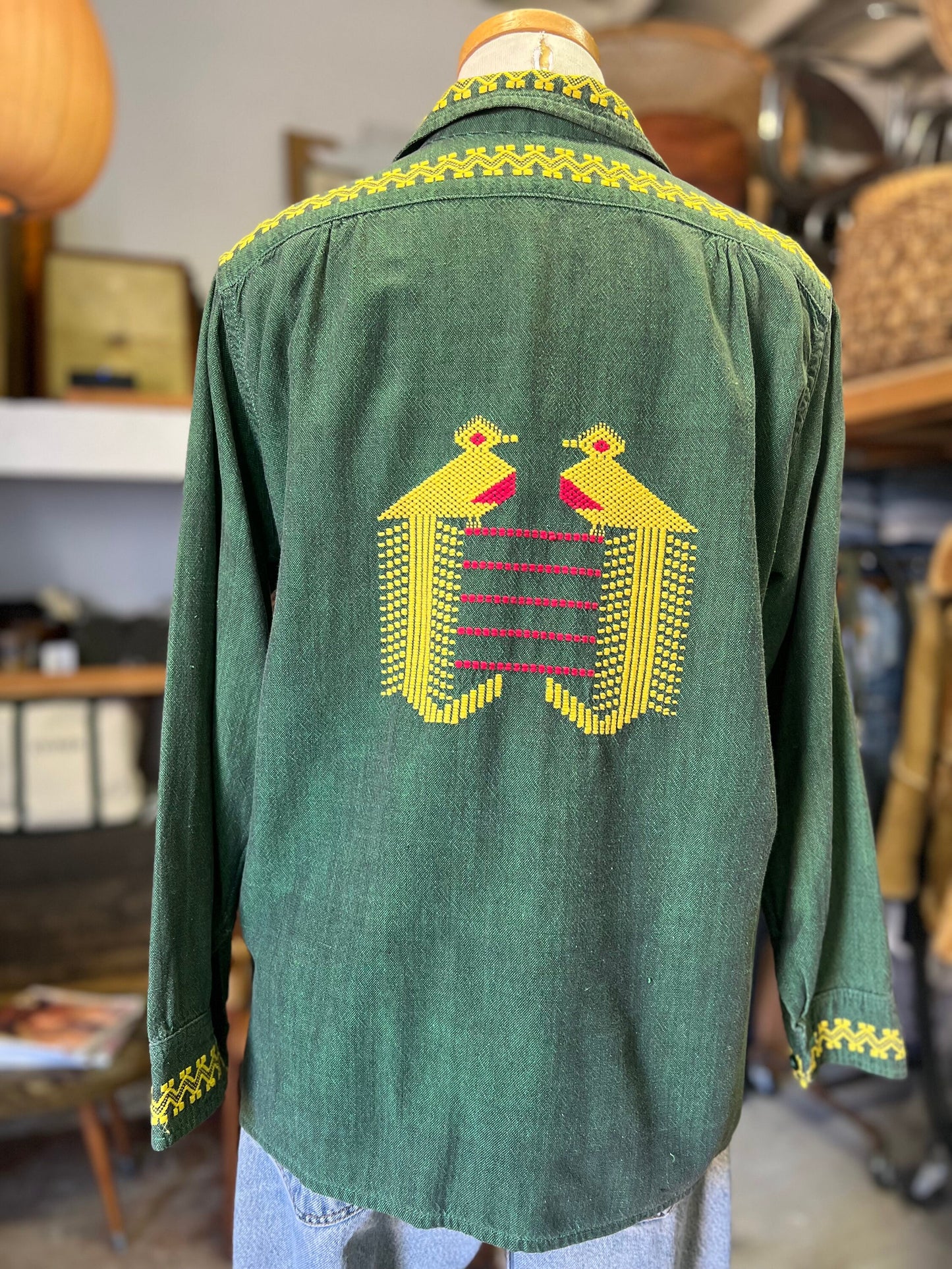 Vintage Embroidered Birds Peacocks Handmade Patch Pocket Guatemalan Jacket Embroidery