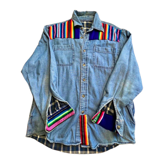 Vintage Flannel Lined Denim Shirt Serape Textile Accents w/ Pockets S