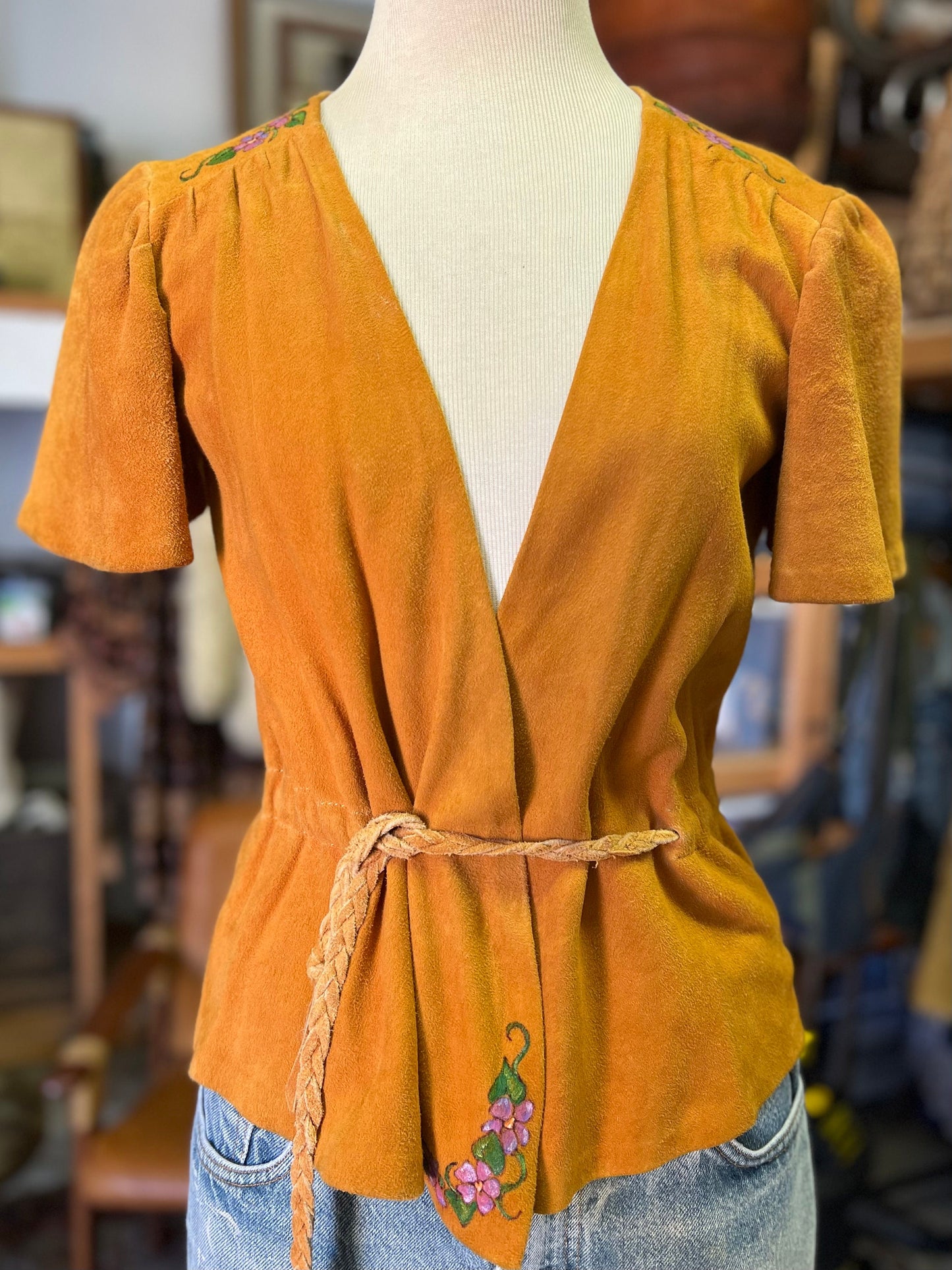 Rare Vintage Original 1970’s Lotus Mt. Shasta Deerskin Suede Hand Painted Wrap Shirt