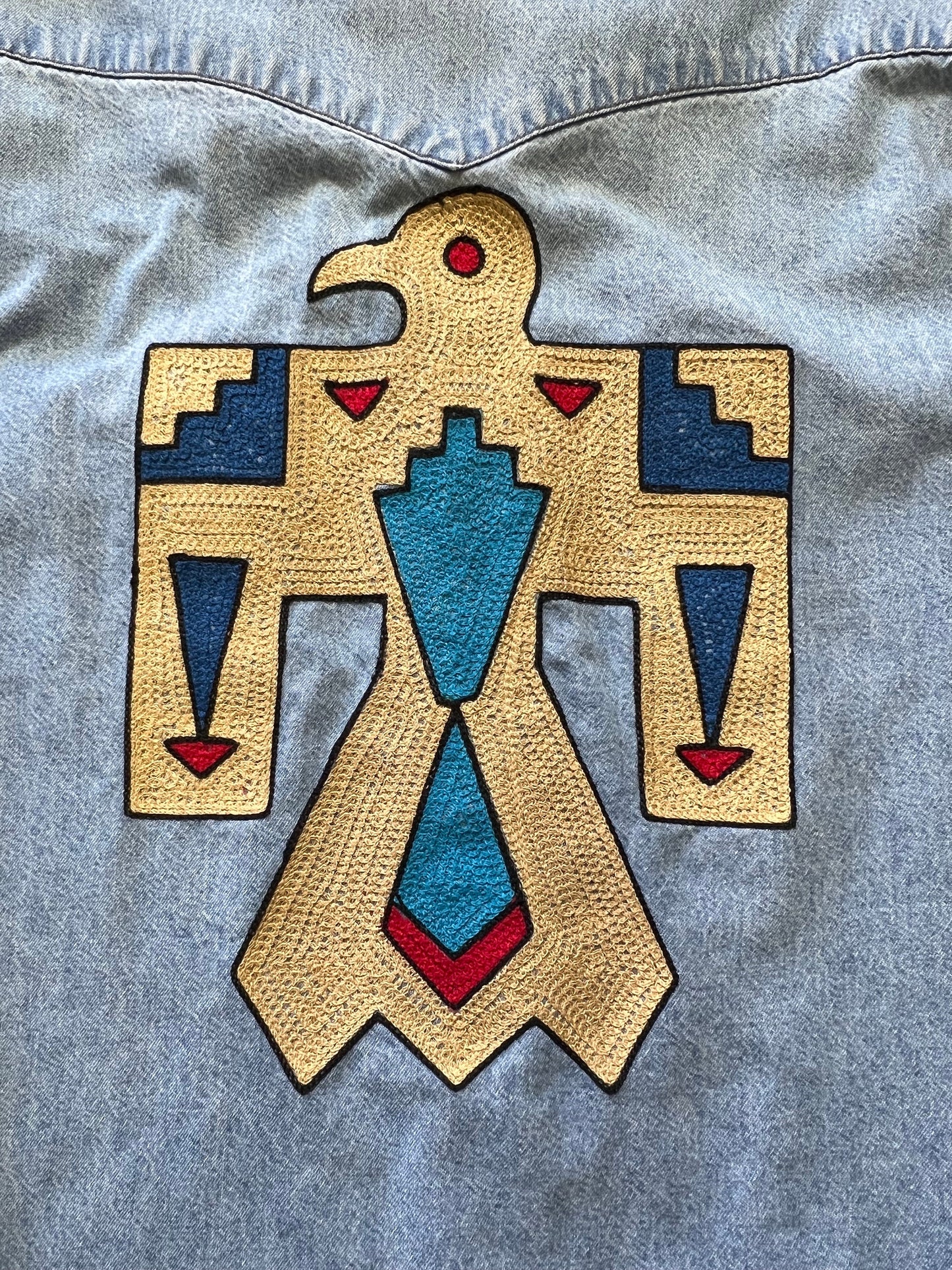 Vintage Wrangler Pearl Snap Denim Shirt Embroidered Thunderbird Totem