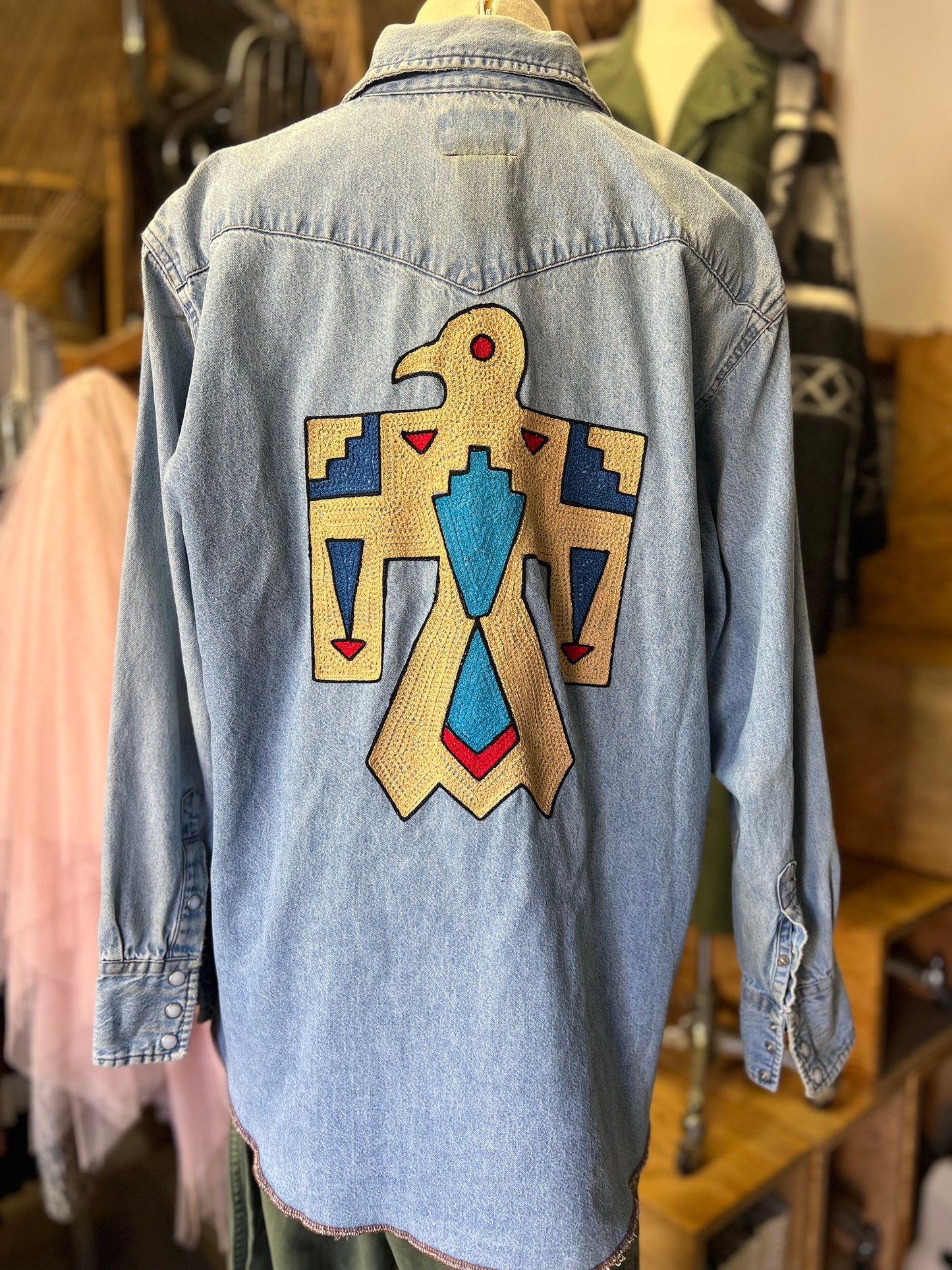 Vintage Wrangler Pearl Snap Denim Shirt Embroidered Thunderbird Totem
