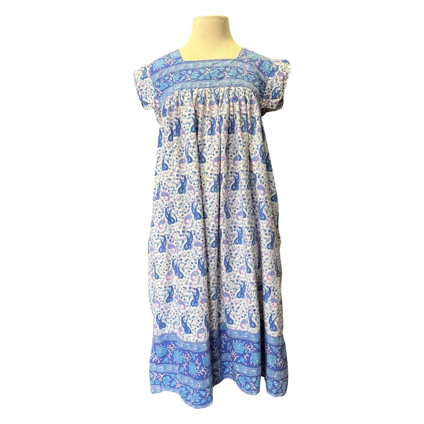 Vintage 80’s India Block Print Midi Dress with Pockets Made In Nepal L
