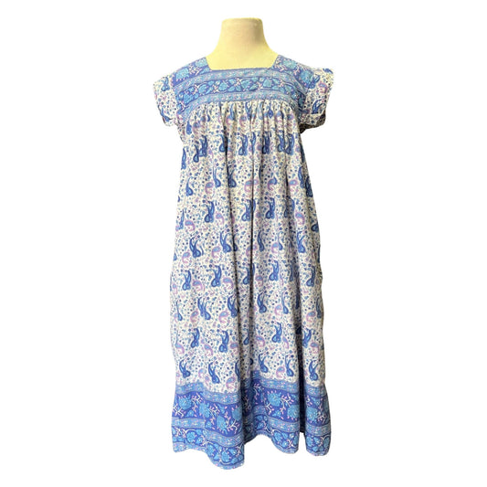 Vintage 80’s India Block Print Midi Dress with Pockets Made In Nepal L