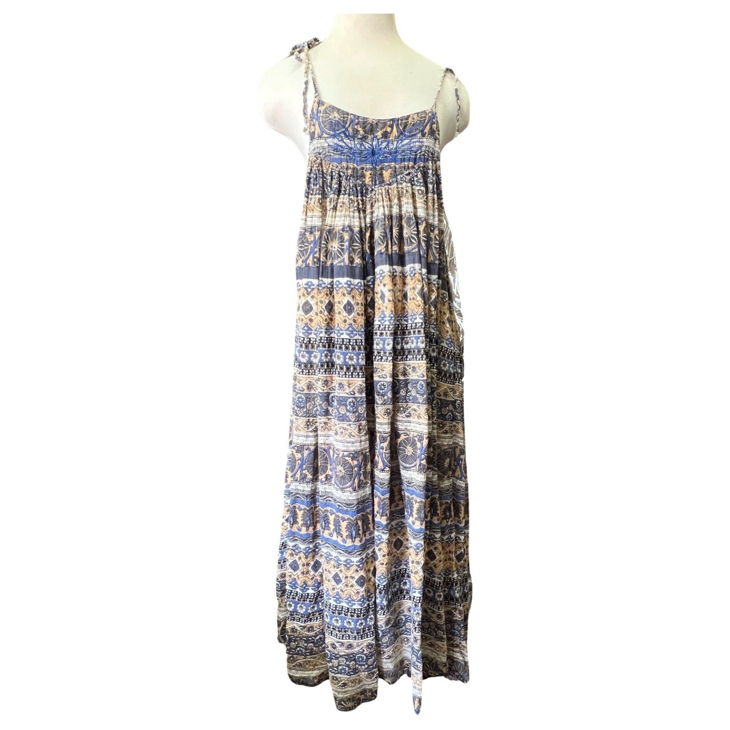 Vintage India Block Print Tie Shoulder Embroidered Dress