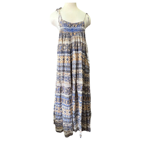 Vintage India Block Print Tie Shoulder Embroidered Dress