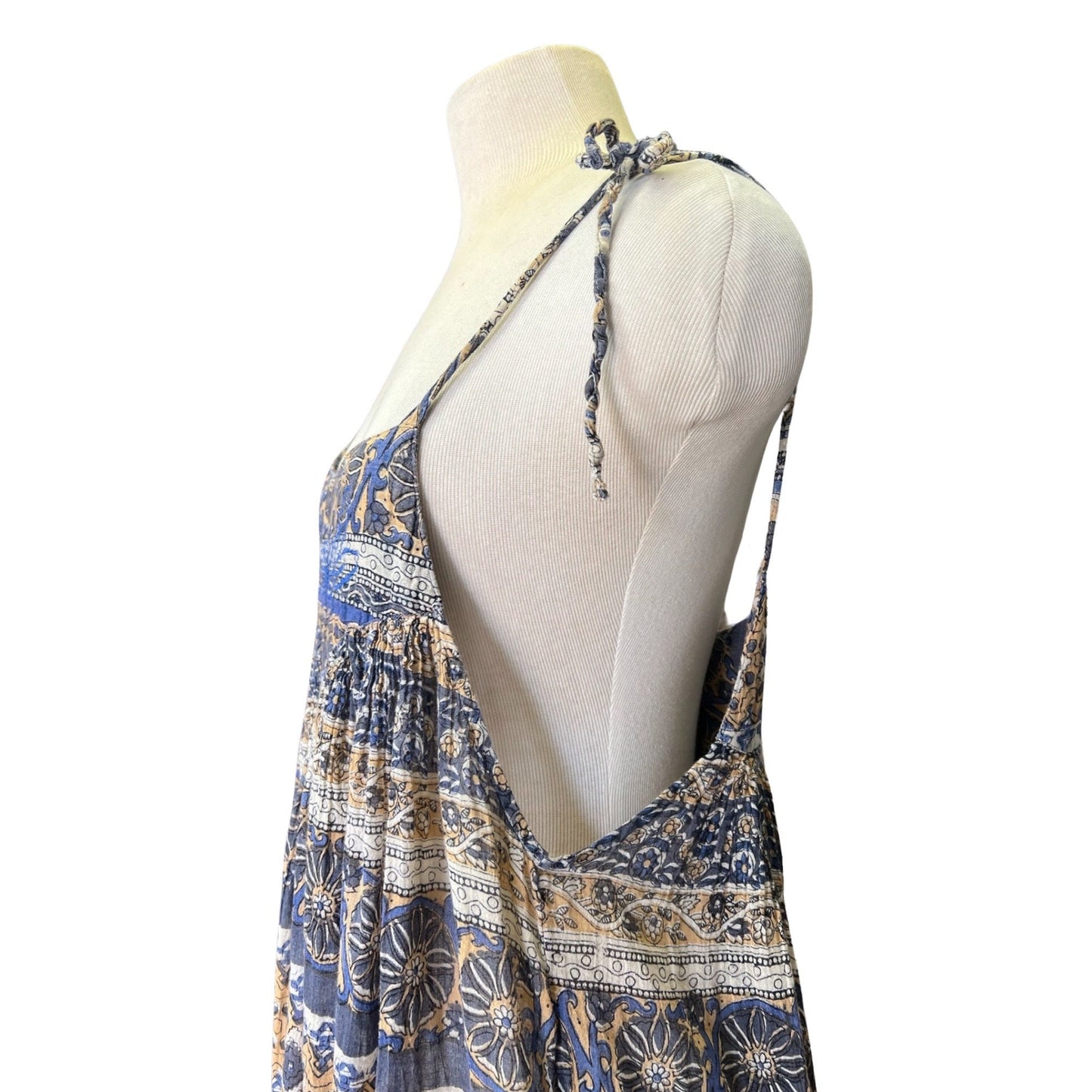 Vintage India Block Print Tie Shoulder Embroidered Dress