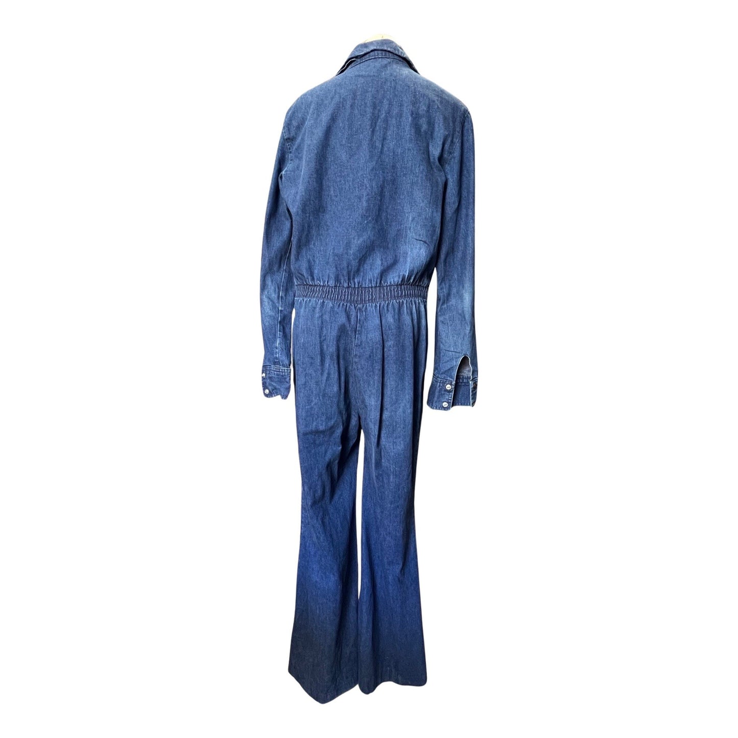 Vintage 70’s Male Brand Zip Front Bell Bottom Flares Denim Jumpsuit w/ Moon Star Patches