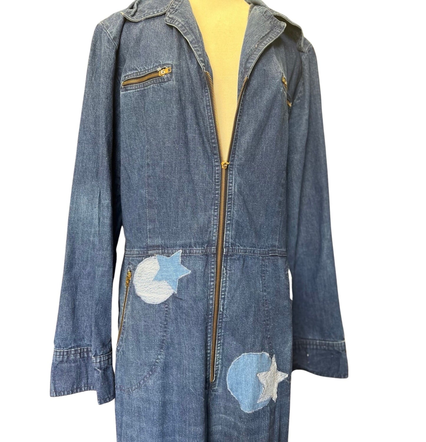 Vintage 70’s Male Brand Zip Front Bell Bottom Flares Denim Jumpsuit w/ Moon Star Patches