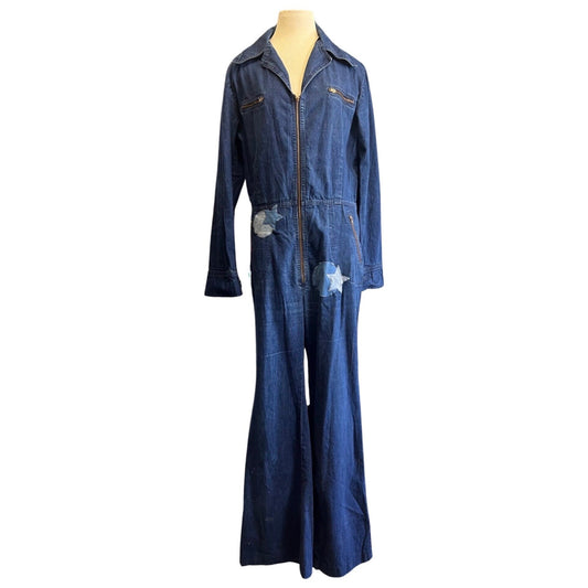 Vintage 70’s Male Brand Zip Front Bell Bottom Flares Denim Jumpsuit w/ Moon Star Patches