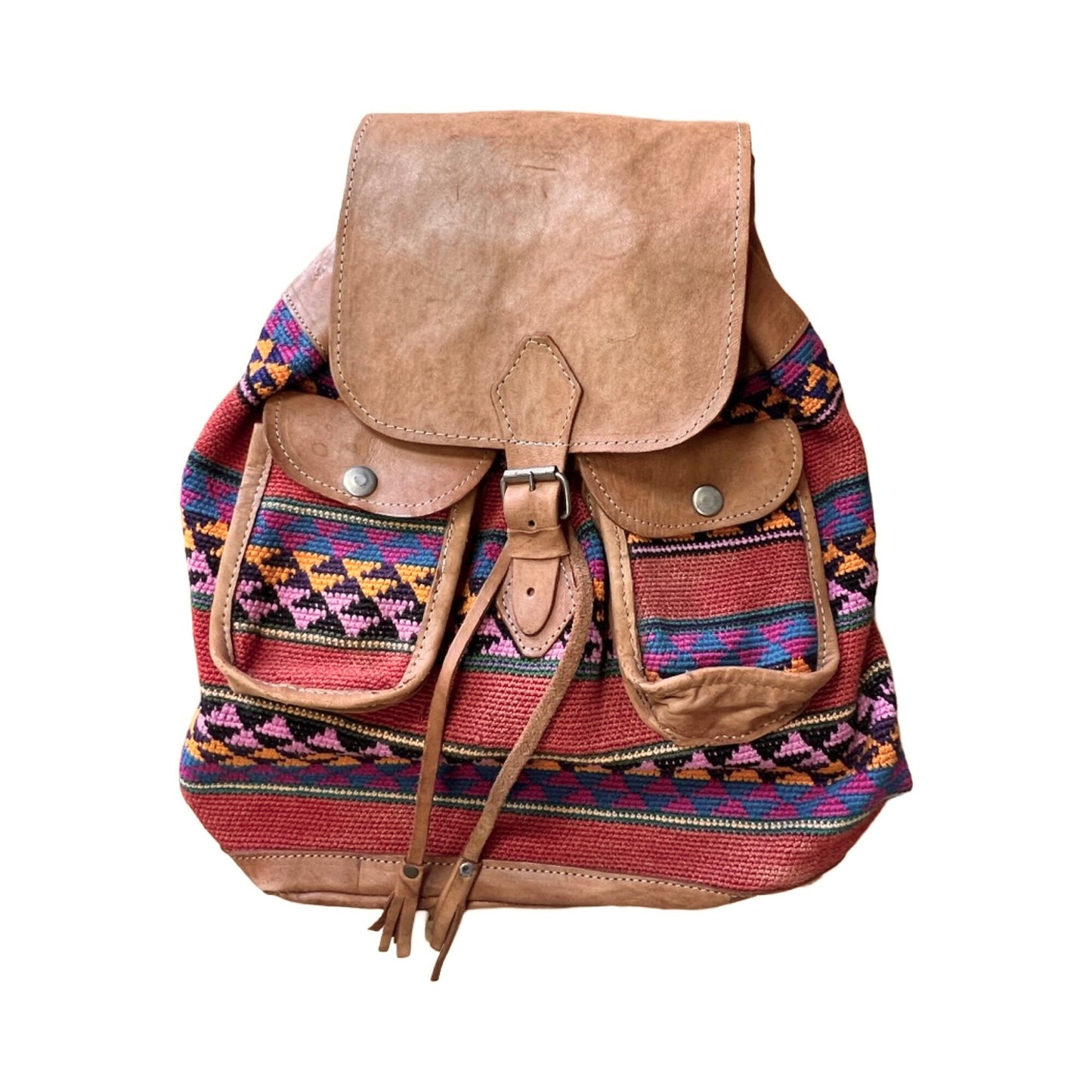 Vintage Guatemalan Handmade Tapestry Leather Big Backpack Bag