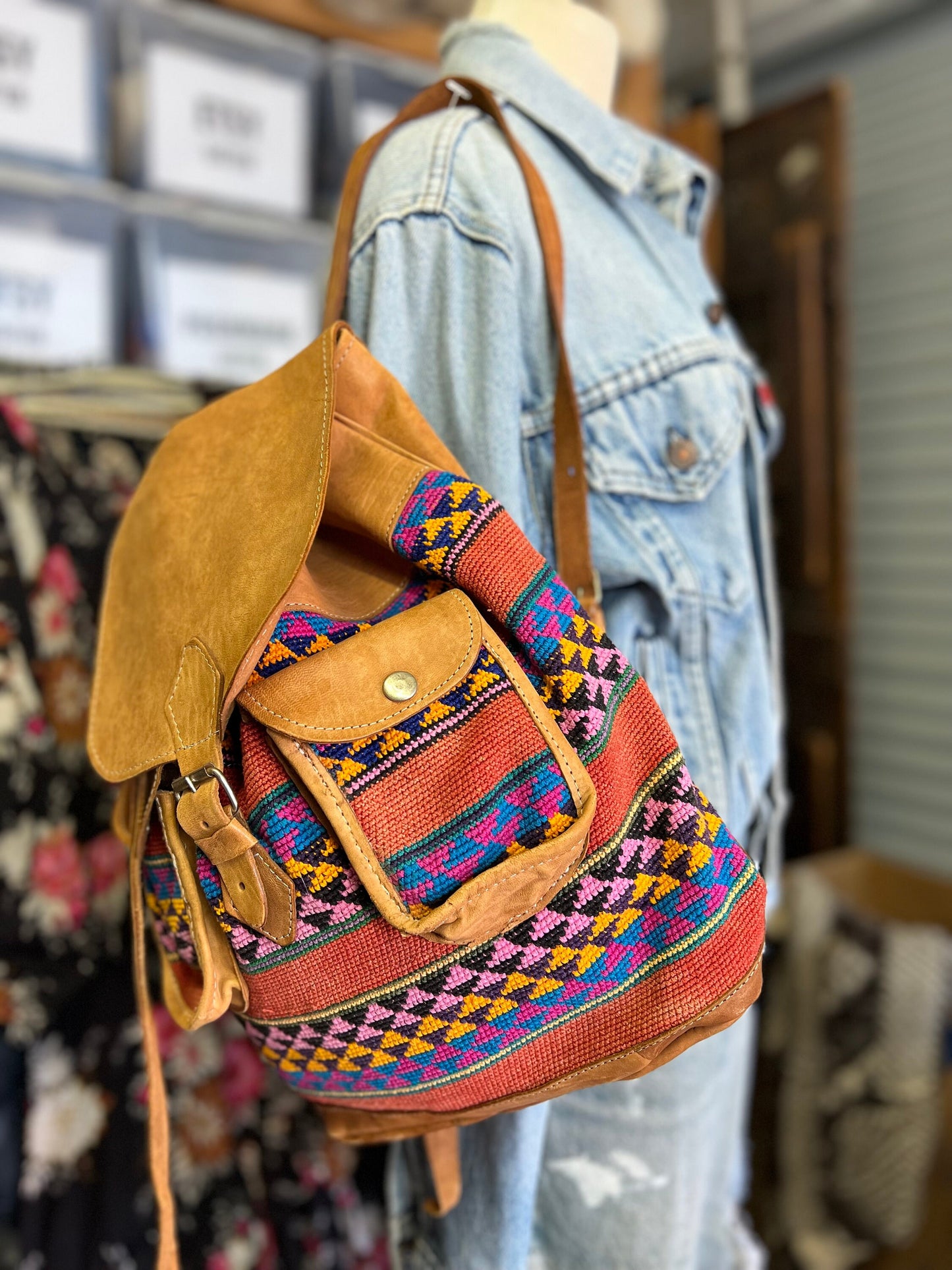 Vintage Guatemalan Handmade Tapestry Leather Big Backpack Bag