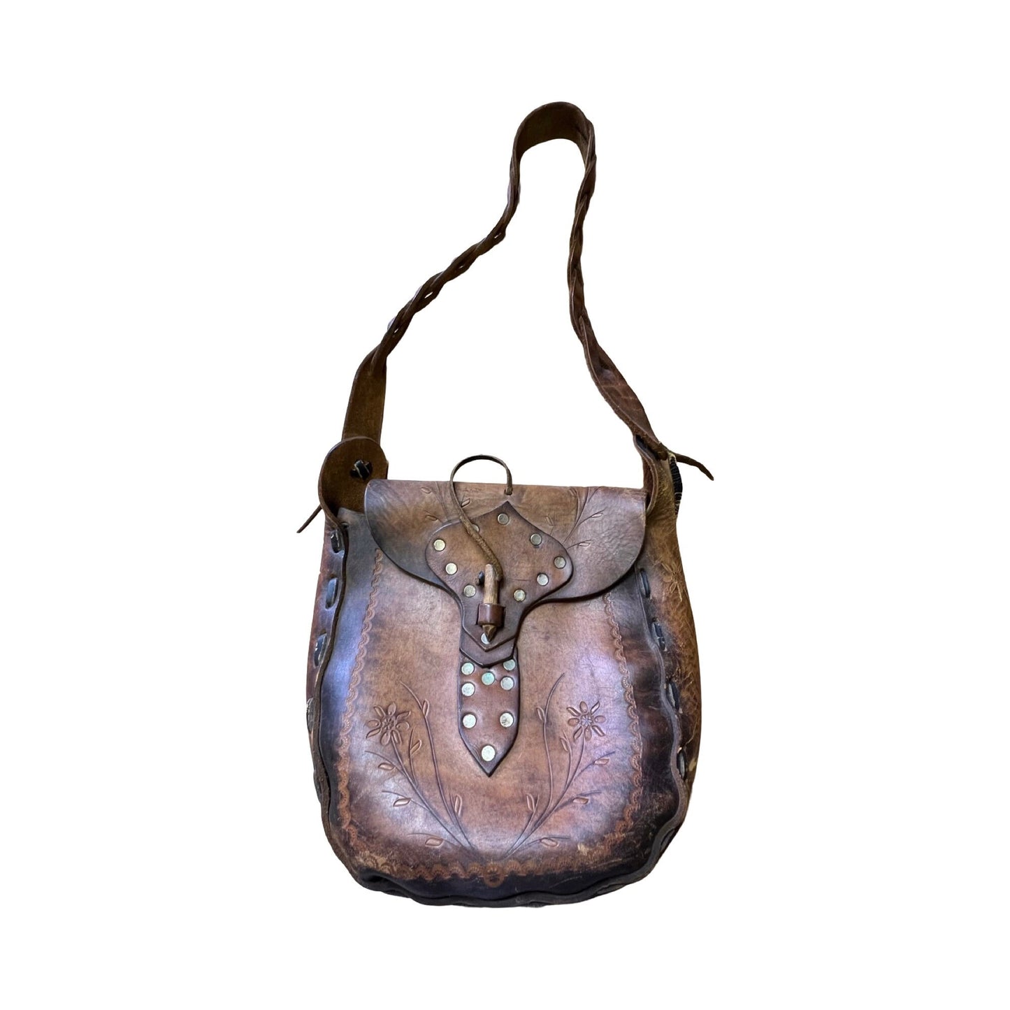 Vintage 70’s Hand Tooled Leather Bag Wood Bone Closure Brass Hardware Braided Strap