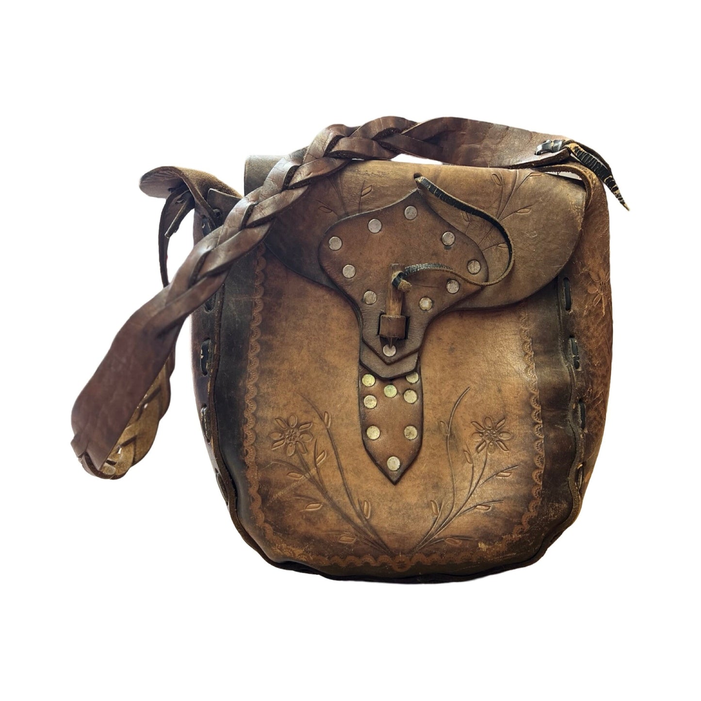 Vintage 70’s Hand Tooled Leather Bag Wood Bone Closure Brass Hardware Braided Strap